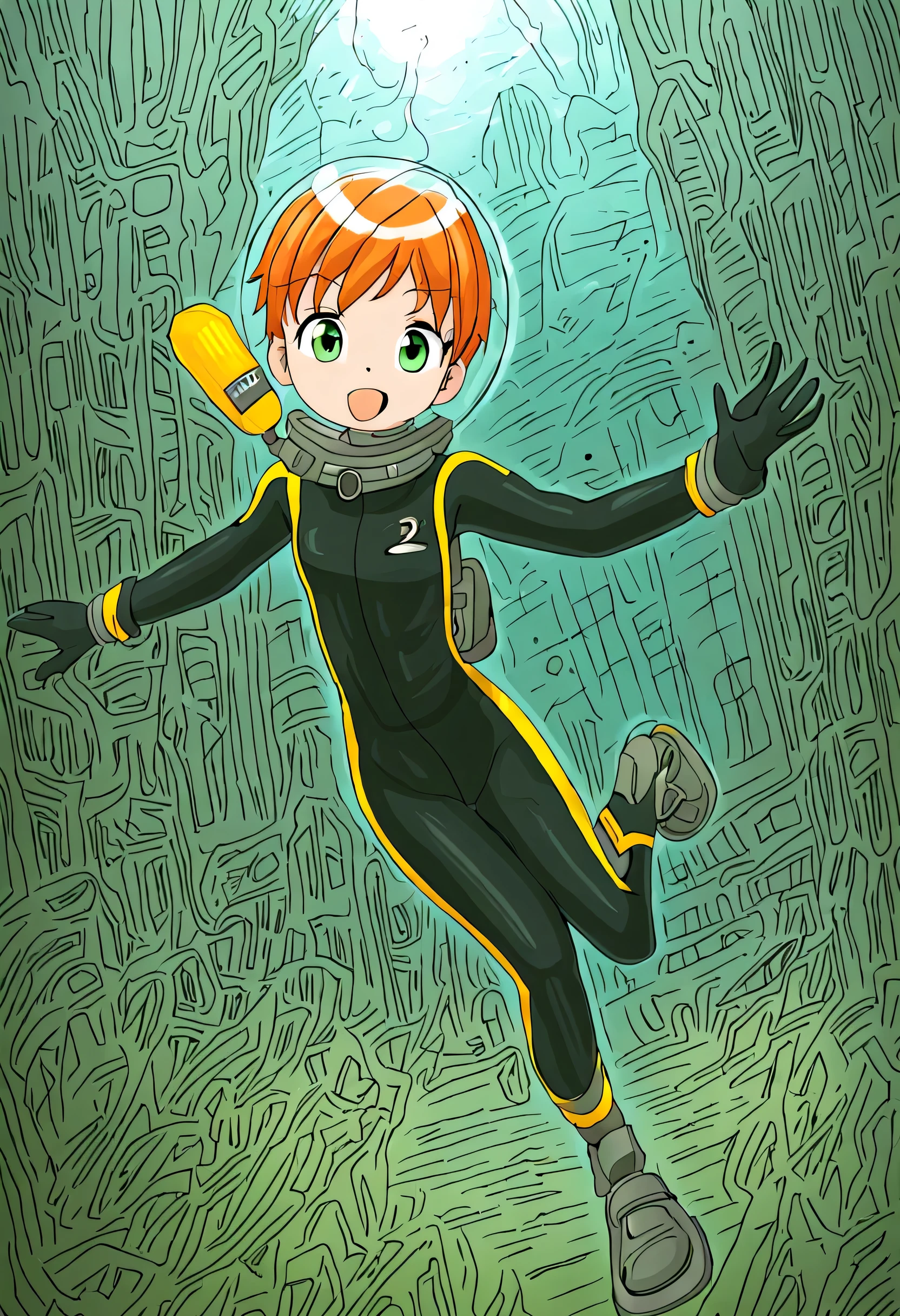 masterpiece, best quality, lama scuba helmet, lama bubble helmet, full body image of a young  girl scuba diving in ancient underwater ruins, orange hair, green eyes, tomboy, short wetsuit, gloves, diving watch, flashlight, flippers, atlantean city, bioluminescent fish, happy, athletic, kid 