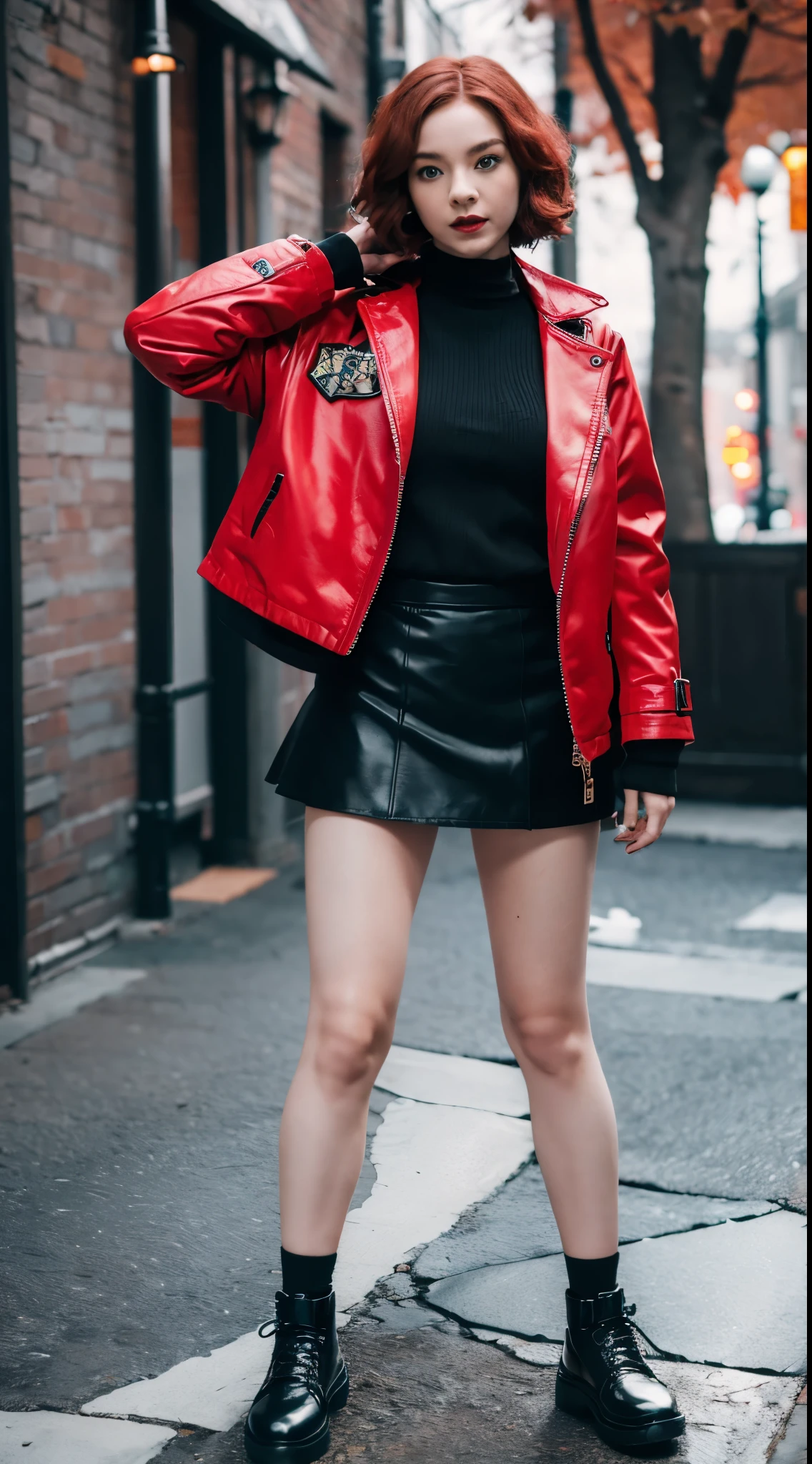 (8k,4k, masterpiece, hyper extreme detailed:1.2), best quality, Emma Myers, Red short wavy hair, jacket, black skirt, glove, black shoes, stands full body