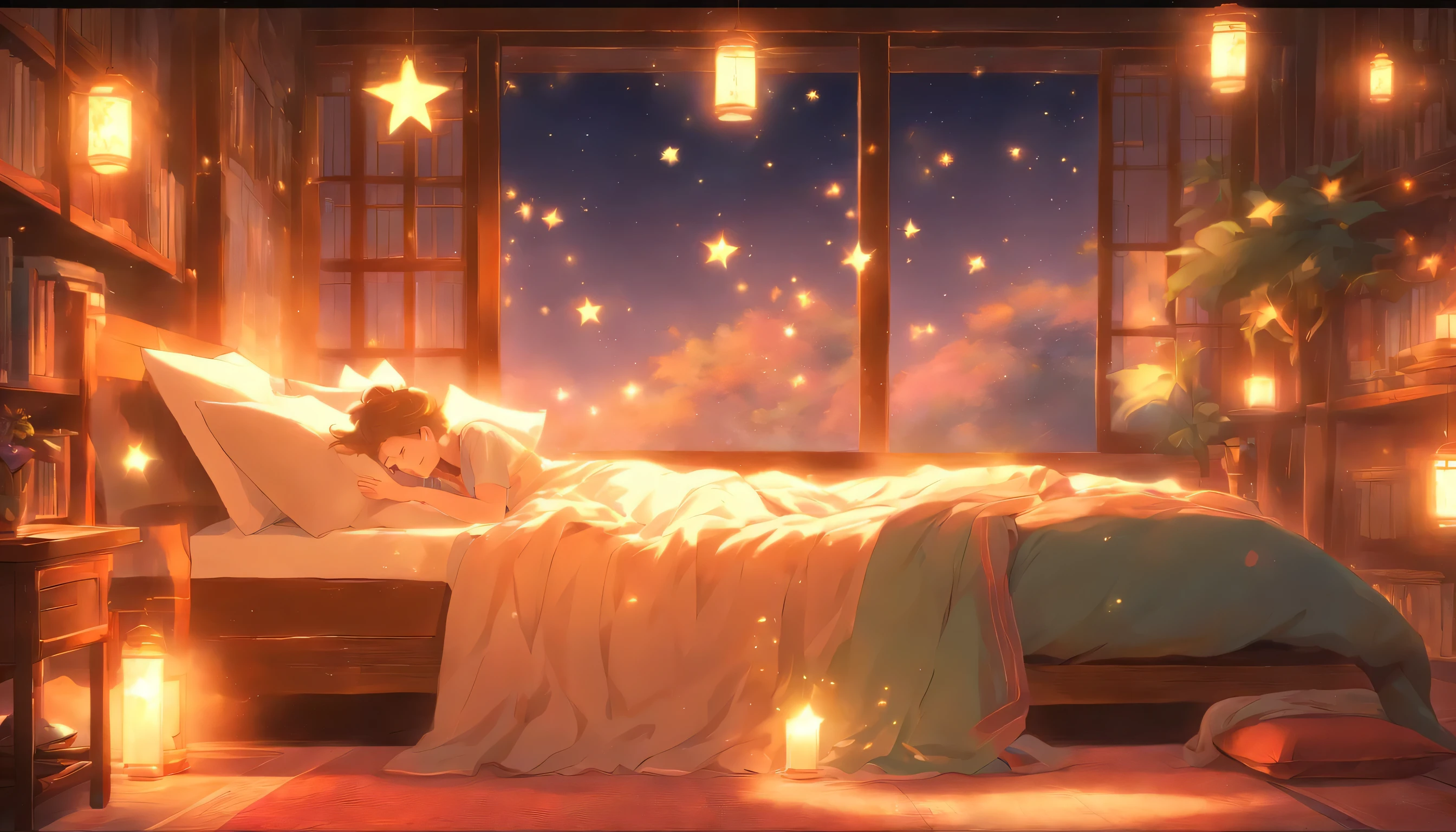 (Peaceful Dreams,밤의 tranquility함,tranquility,Restful sleep),(best quality,very detailed,realistic),(painting),(Shining Star,Gentle moonlight),(soft pillow,Comfy beds,dreamy atmosphere),(tranquility,luxurious sleep),(peaceful and quiet),(Subtle colors,dark and warm tones),(soft and diffused lighting)