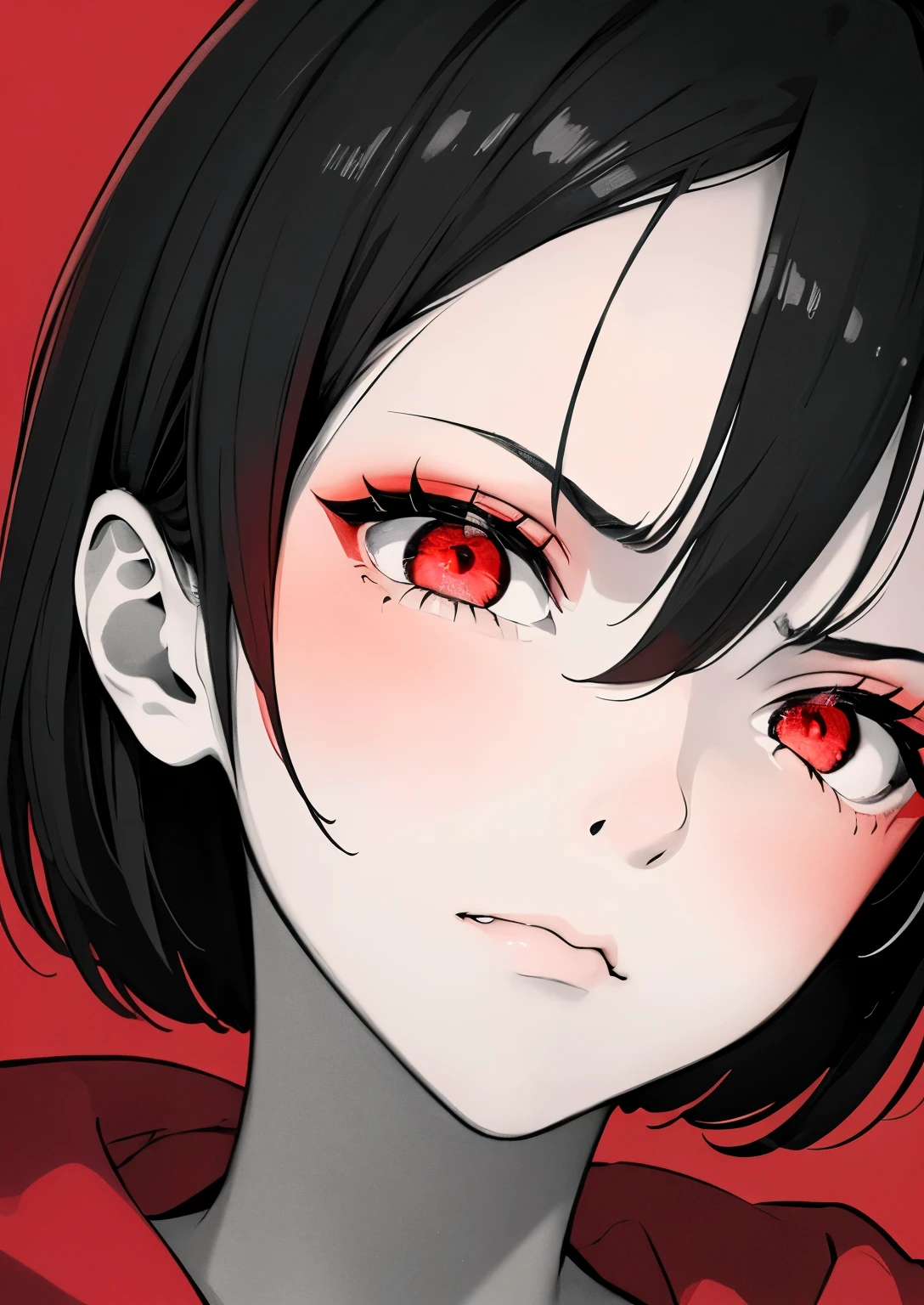 best quality, masterpiece,4k 8k wallpaper, 1girl, shorthair, hairpin, hoodie, (((closeup photo))), (((Monochrome:1))), red background, ((looking disgusted)), looking at viewer, glowing eyes, glow eyes, halfbody