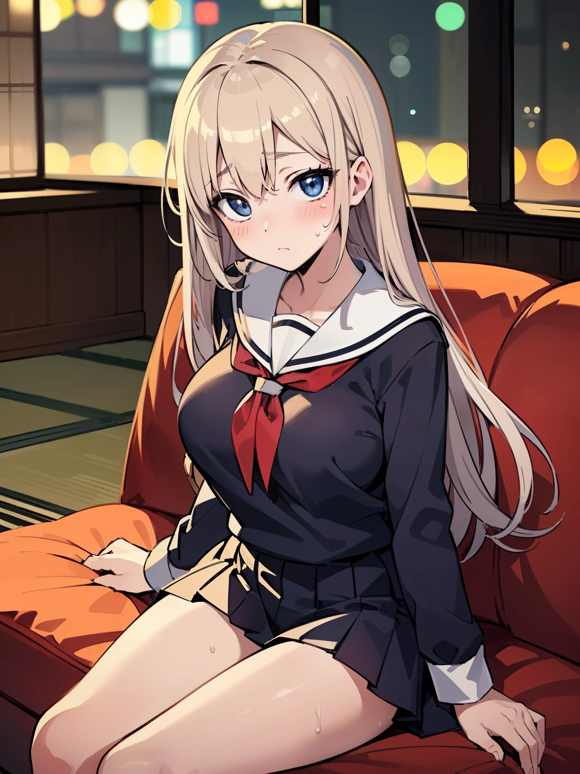 ((masterpiece, high quality, max detailed, 4k)), 1girl, (japanese school uniform), vivid color Lingerie, (eyes detailed), lustrous body, (big breasts), red blush、Kamimei、Staring at this、Light sweat、Cute anime illustration, perfect body, (bokeh effect in background), sit on the sofa, (close to the face, looking to spectator).