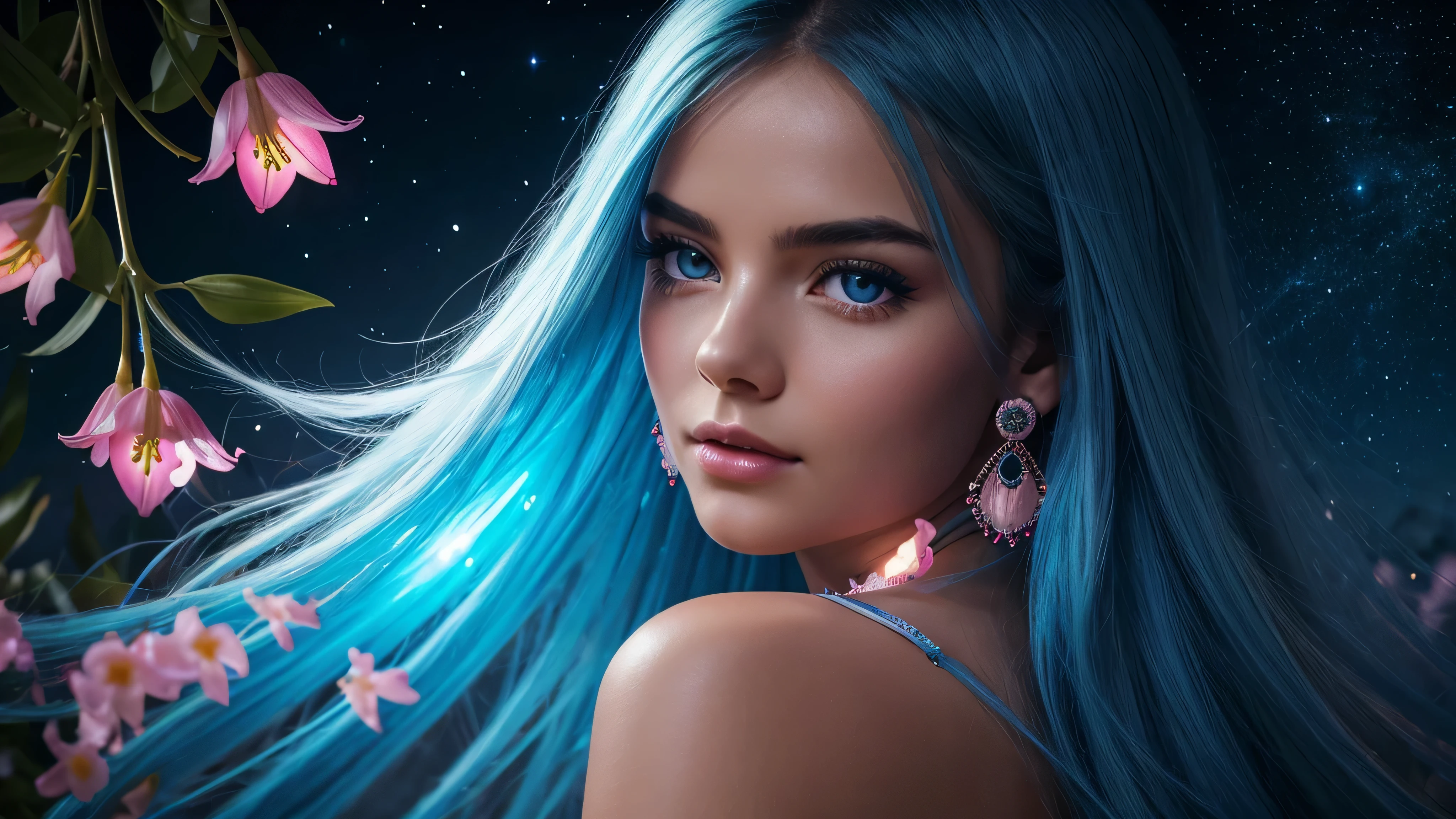 Beautiful realistic girl with BRIGHT WHITE-BLUE long hair ,Close-up of clean skin with detailed skin ,full length,in a short miniskirt,on an orange background ,Against the background of the starry sky,bright makeup,EARRINGS WITH GLITTERS,two-leaf gray flower,translucent speckled bifoliate gray,Bioluminescent - Ultra High Quality 8K Music Equalizer, High contrast, rich colors, soft light, Super detailed photos. ultra high quality 8K, High contrast, noise reduction, яркие rich colors.. high quality, 8K Ultra HD, High contrasthigh quality,мягкие close focus,very beautiful flower, translucent red lily of the valley with dew drop flower, bioluminescent flower glows and shimmers, he grows in a mysterious forest, shrouded in mystery, Сверхhigh quality 8k, High contrast, rich colors, soft light, Ultra-detailed photos. Сверхhigh quality 8k, High contrast, noise reduction, bright rich colors.. high quality, 8K Ultra HD, High contrast