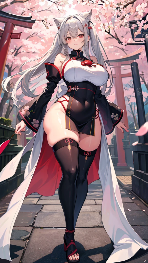 masterpiece, best quality, high_resolution, fine detail, very detailed and beautiful, distinct_image, 1 girl, Solo, ,silver-haired,front-facing, red eyes, (huge breastiniskirt,thighhigh, curvaceous,torii,cherry blossom,