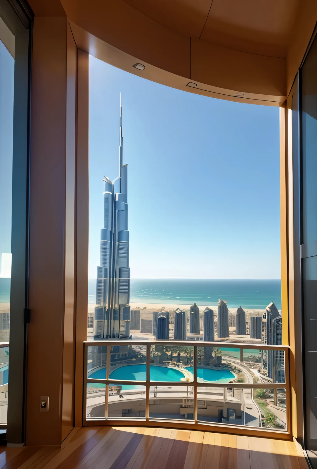 Generate me a professional background for Microsoft Teams so the team meeting participants can see behind me like my office building in the Burj Al Arab in Dubai, sunshine morning in Dubai, located in an elevated floor where Dubai and other near building can be seen behind the glass and still building framework, 1920 x 1080 pixels, 16:9 horizontal orientation, realistic photography