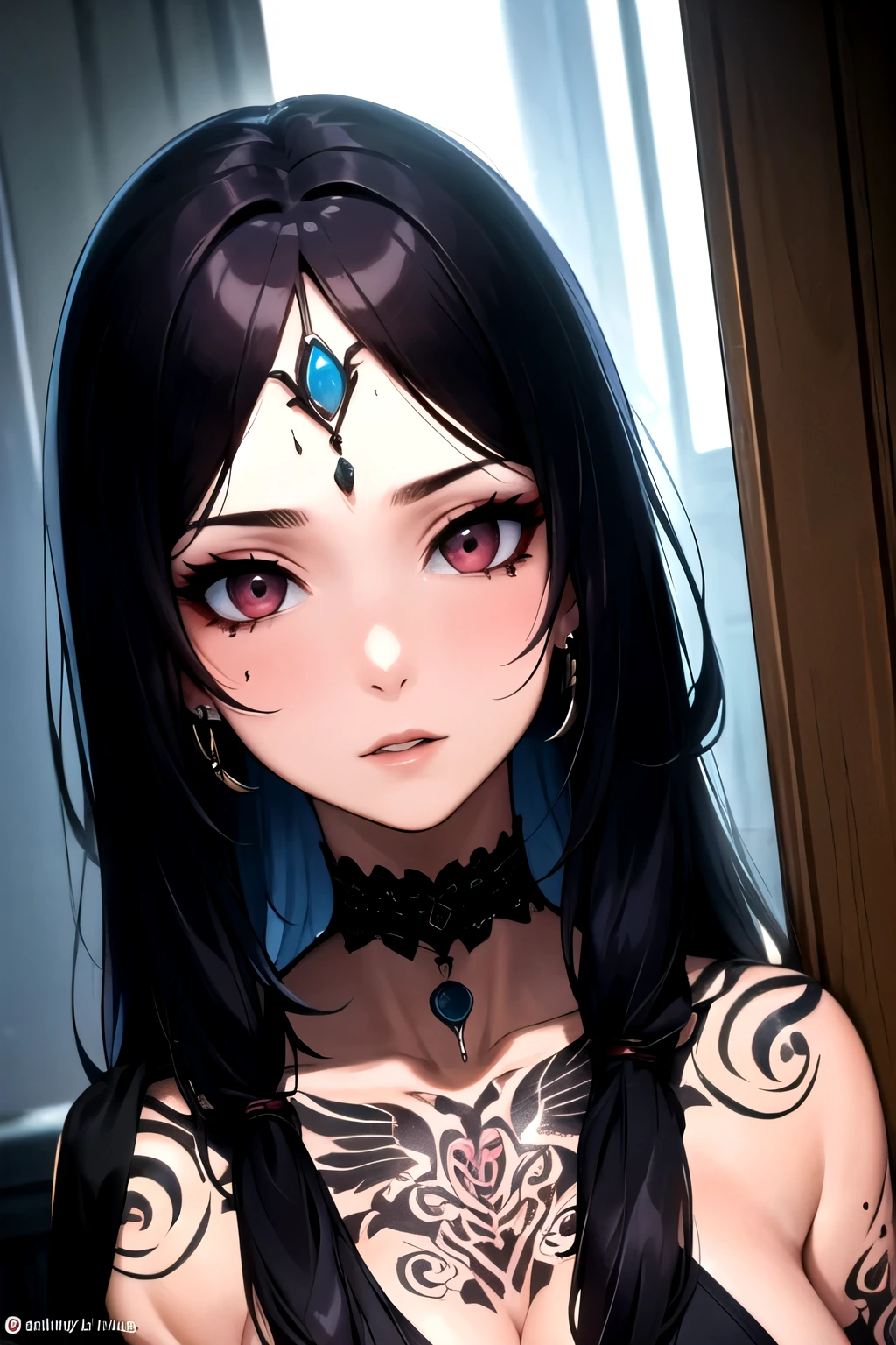 ((best quality)), ((masterpiece)), (detailed), perfect face, women in suit, tattoos, goth, dark long hair, piercings