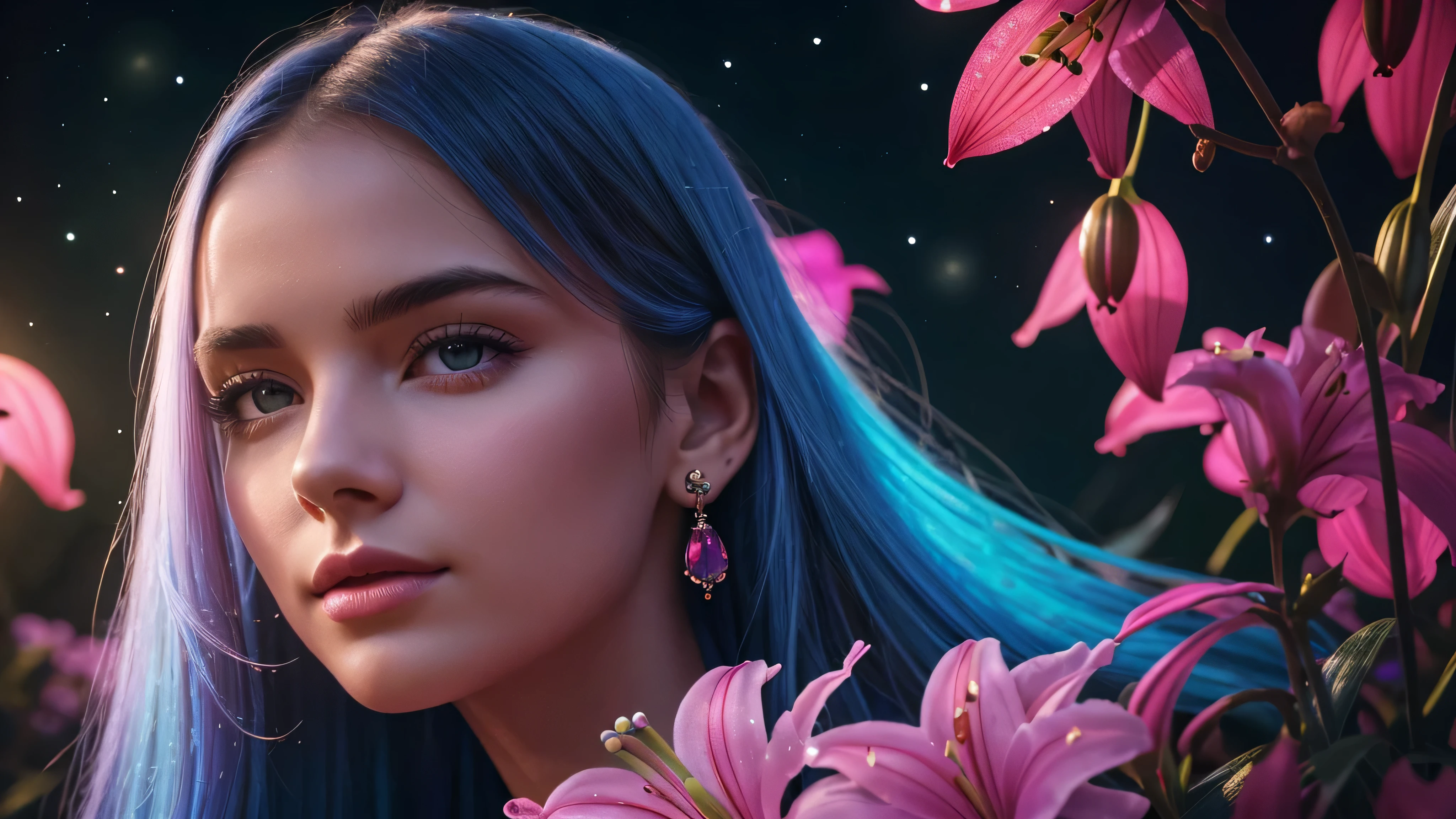 Beautiful realistic girl with BRIGHT WHITE-BLUE long hair ,Close-up of clean skin with detailed skin ,full length,in a short miniskirt,on an orange background ,Against the background of the starry sky,bright makeup,EARRINGS WITH GLITTERS,two-leaf gray flower,translucent speckled bifoliate gray,Bioluminescent - Ultra High Quality 8K Music Equalizer, High contrast, rich colors, soft light, Super detailed photos. ultra high quality 8K, High contrast, noise reduction, яркие rich colors.. high quality, 8K Ultra HD, High contrasthigh quality,мягкие close focus,very beautiful flower, translucent red lily of the valley with dew drop flower, bioluminescent flower glows and shimmers, he grows in a mysterious forest, shrouded in mystery, Сверхhigh quality 8k, High contrast, rich colors, soft light, Ultra-detailed photos. Сверхhigh quality 8k, High contrast, noise reduction, bright rich colors.. high quality, 8K Ultra HD, High contrast