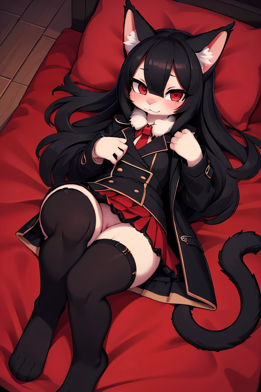 (high-res masterpiece)) , ((best quality)), illustration, furry, cat, animal ears, tail, bodyfur, black fur, 1girl, POV, full body, 1girl solo *//*, red eyes, blushing *//*, black trench coat, looking at viewer, lifting skirt, red skirt, no panties