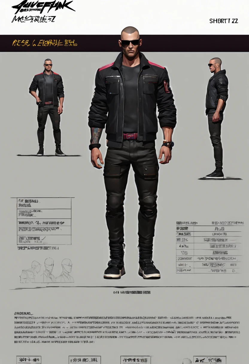 character reference sheet {Cyberpunk 2077 - V: (masterpiece, photo-realistic, concept art, CGI), protagonist V, cyberpunk style, young male, short hair, (buzzcut, undercut), stylized, nightclub outfit, tight black t-shirt, black pants, multiple angles (front upper body, side upper body, back upper body), masculine features (strong jawline, prominent chin), muscular powerful physique, standing pose, serious expression, tinted sunglasses, neon lighting, sci-fi stage, punk rock style, very cool} . turnaround views, detailed anatomy, color palette, multiple poses, highly detailed, multiple views of the same character, model sheet, character sheet