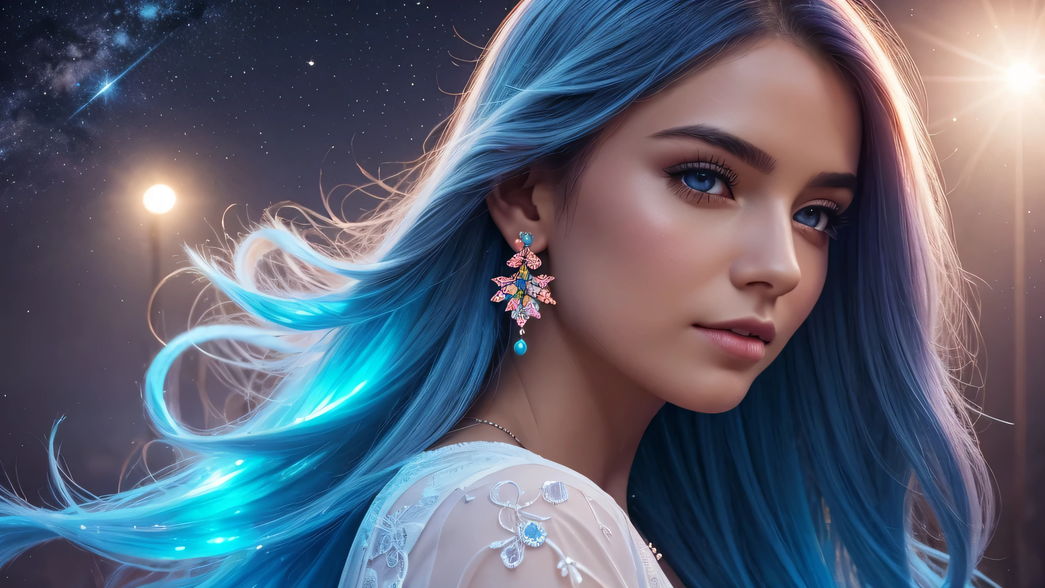 Beautiful realistic girl with BRIGHT WHITE-BLUE long hair ,Close-up of clean skin with detailed skin ,full length,in a short miniskirt,on an orange background ,Against the background of the starry sky,bright makeup,EARRINGS WITH GLITTERS,two-leaf gray flower,translucent speckled bifoliate gray,Bioluminescent - Ultra High Quality 8K Music Equalizer, High contrast, rich colors, soft light, Super detailed photos. ultra high quality 8K, High contrast, noise reduction, яркие rich colors.. high quality, 8K Ultra HD, High contrasthigh quality,мягкие close focus,very beautiful flower, translucent red lily of the valley with dew drop flower, bioluminescent flower glows and shimmers, he grows in a mysterious forest, shrouded in mystery, Сверхhigh quality 8k, High contrast, rich colors, soft light, Ultra-detailed photos. Сверхhigh quality 8k, High contrast, noise reduction, bright rich colors.. high quality, 8K Ultra HD, High contrast