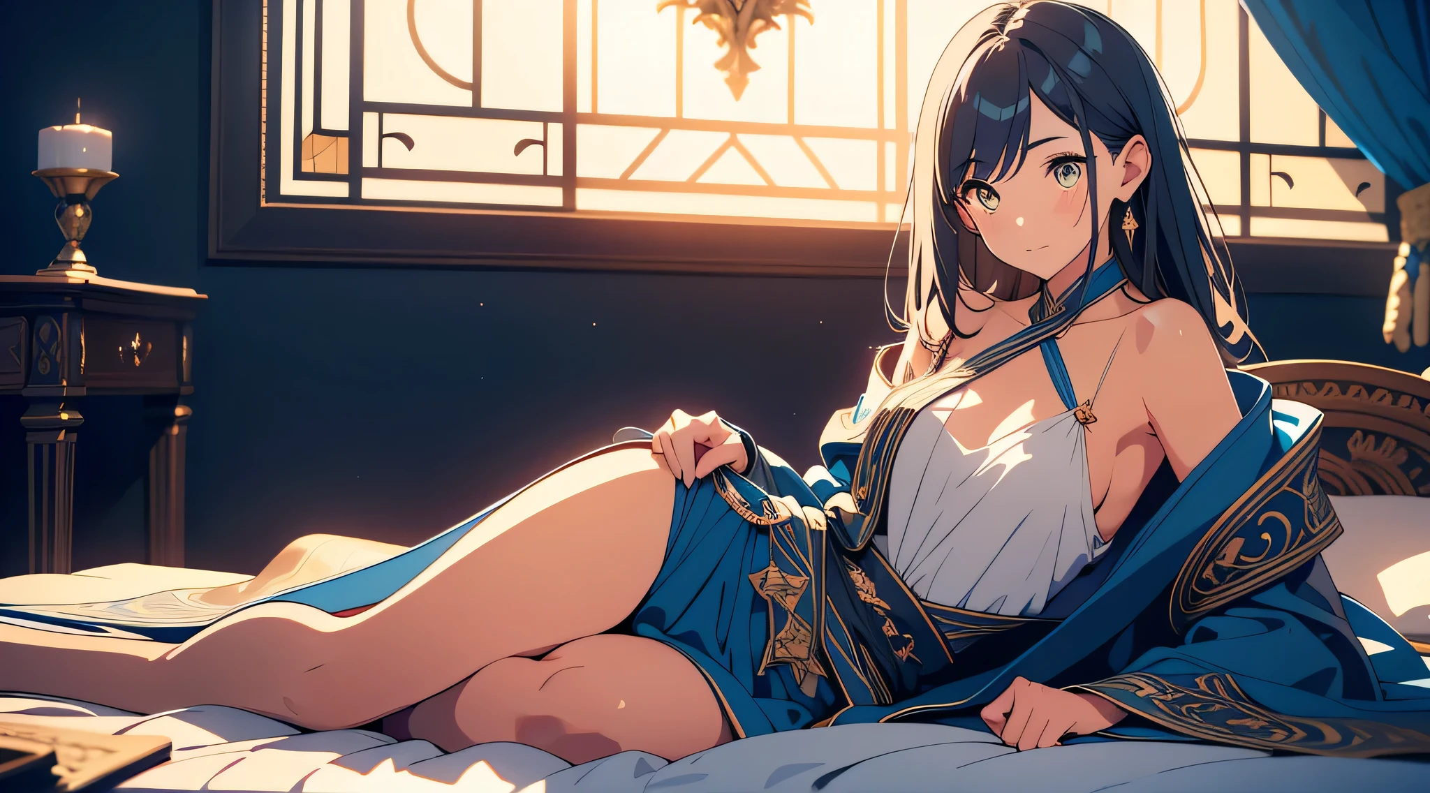 an alone mature girl with long blue and yellow eyes sitting on the bed and spread leg , night, High detail mature face, tie hair on the left side, golden eyes, bare leg, bare shoulder, white noble priest dress, high res, ultra sharp, 8k, masterpiece, smiling, fantasy world, magical radiance background ((Best quality)), ((masterpiece)), 3D, HDR (High Dynamic Range),Ray Tracing, NVIDIA RTX, Super-Resolution, Unreal 5,Subsurface scattering, PBR Texturing, Post-processing, Anisotropic Filtering, Depth-of-field, Maximum clarity and sharpness, Multi-layered textures, Albedo and Specular maps, Surface shading, Accurate simulation of light-material interaction, Perfect proportions, Octane Render, Two-tone lighting, Wide aperture, Low ISO, White balance, Rule of thirds,8K RAW, Aura, masterpiece, best quality, Mysterious expression, magical effects like sparkles or energy, flowing robes or enchanting attire, mechanic creatures or mystical background, rim lighting, side lighting, cinematic light, ultra high res, 8k uhd, film grain, best shadow, delicate, RAW, light particles, detailed skin texture, detailed cloth texture, beautiful face, 
(masterpiece), best quality, expressive eyes, perfect face,