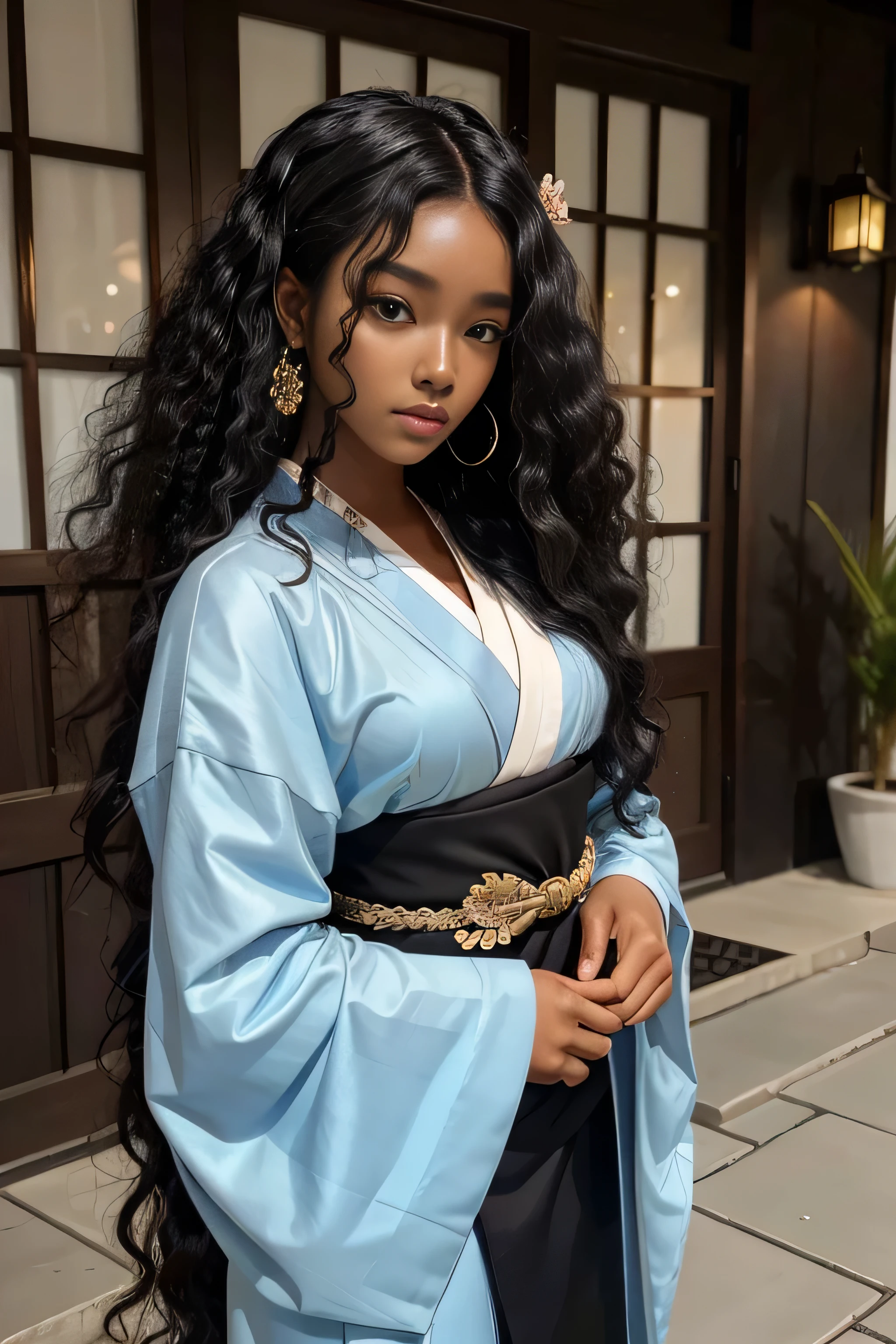 masterpiece, best quality, beautiful black and Asian mixed 19 year old, ebony skin female, long, frizzy, curly dark hair, perfect face, half body, long hair, wearing kimono_clothes, melanin