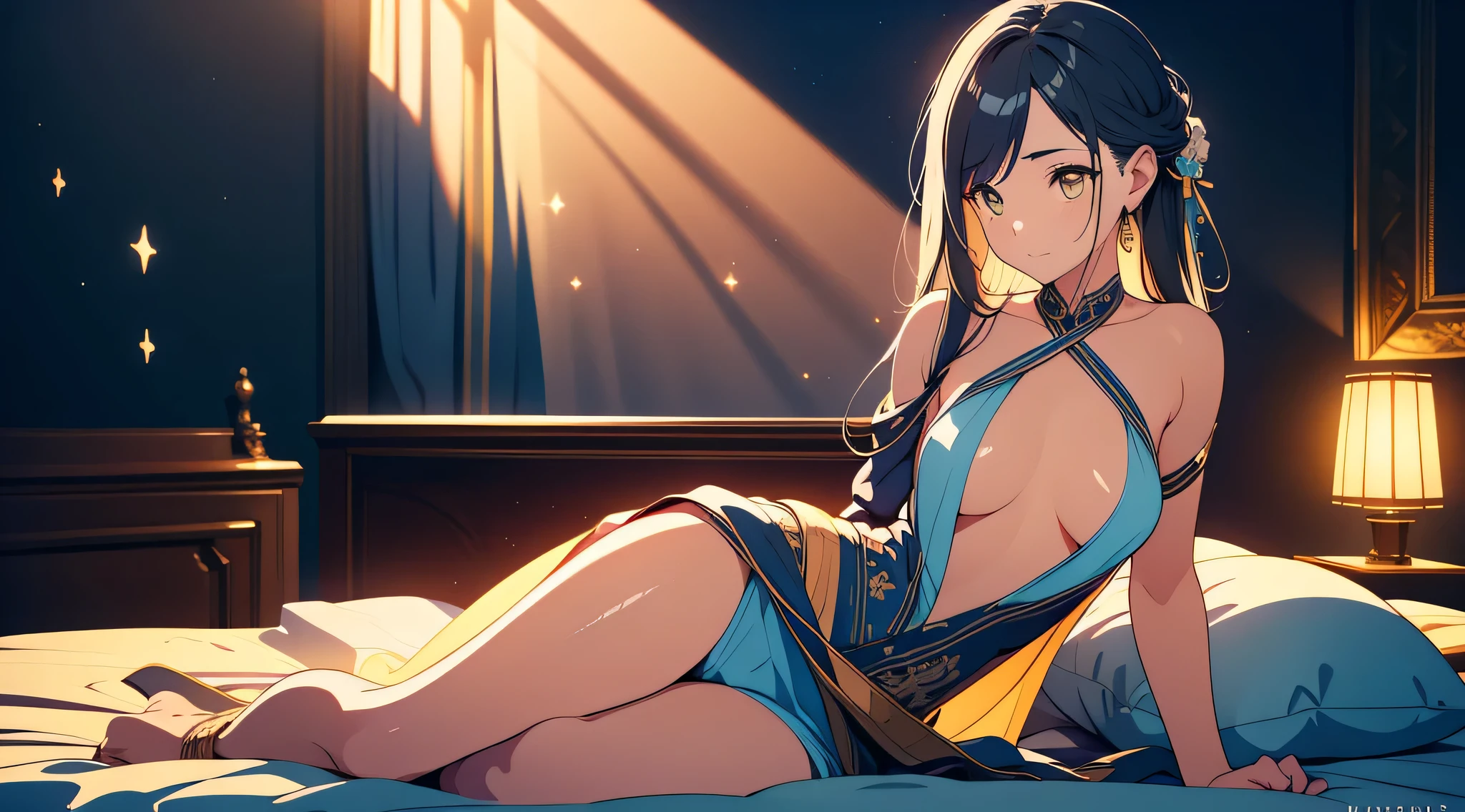 an alone mature girl with long blue and yellow eyes sitting on the bed and spread leg , night, High detail mature face, tie hair on the left side, golden eyes, bare leg, bare shoulder, white noble priest dress, high res, ultra sharp, 8k, masterpiece, smiling, fantasy world, magical radiance background ((Best quality)), ((masterpiece)), 3D, HDR (High Dynamic Range),Ray Tracing, NVIDIA RTX, Super-Resolution, Unreal 5,Subsurface scattering, PBR Texturing, Post-processing, Anisotropic Filtering, Depth-of-field, Maximum clarity and sharpness, Multi-layered textures, Albedo and Specular maps, Surface shading, Accurate simulation of light-material interaction, Perfect proportions, Octane Render, Two-tone lighting, Wide aperture, Low ISO, White balance, Rule of thirds,8K RAW, Aura, masterpiece, best quality, Mysterious expression, magical effects like sparkles or energy, flowing robes or enchanting attire, mechanic creatures or mystical background, rim lighting, side lighting, cinematic light, ultra high res, 8k uhd, film grain, best shadow, delicate, RAW, light particles, detailed skin texture, detailed cloth texture, beautiful face,
(masterpiece), best quality, expressive eyes, perfect face,