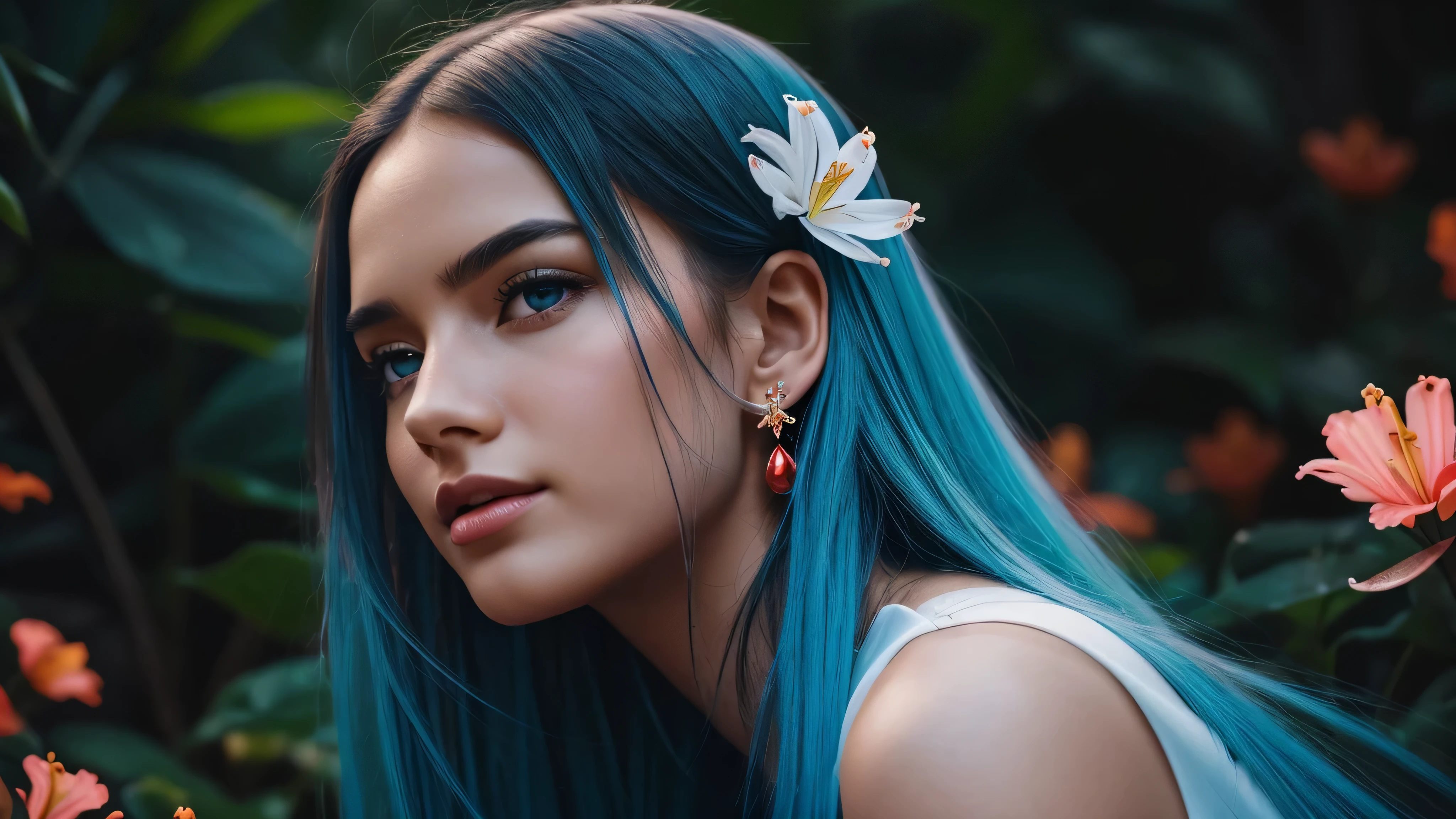 Beautiful realistic girl with BRIGHT WHITE-BLUE long hair ,Close-up of clean skin with detailed skin ,full length,in a short miniskirt,on an orange background ,Against the background of the starry sky,bright makeup,EARRINGS WITH GLITTERS,two-leaf gray flower,translucent speckled bifoliate gray,Bioluminescent - Ultra High Quality 8K Music Equalizer, High contrast, rich colors, soft light, Super detailed photos. ultra high quality 8K, High contrast, noise reduction, яркие rich colors.. high quality, 8K Ultra HD, High contrasthigh quality,мягкие close focus,very beautiful flower, translucent red lily of the valley with dew drop flower, bioluminescent flower glows and shimmers, he grows in a mysterious forest, shrouded in mystery, Сверхhigh quality 8k, High contrast, rich colors, soft light, Ultra-detailed photos. Сверхhigh quality 8k, High contrast, noise reduction, bright rich colors.. high quality, 8K Ultra HD, High contrast