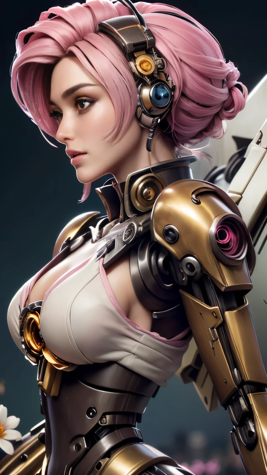 photo of celebrity, RAW, beautiful woman, ((portrait)), ((detailed face, colorful rainbow hair:1.2)), ((detailed facial feature, detailed skin, clear skin, parted lips), (perfect proportioned body, medium breasts, side boob), (Mechanical girl&#39;s&#39;s body is covered by mecha，Exquisite metal connector，Complex clockwork mechanis, NSFW: 1.5)), (high detailed peaceful gardens，The garden is filled with pink and white flowers: 1.3), (side profile, looking at camera: 1.25), (, realistic photo, best quality, detailed), (8k wallpaper), (cinematic lighting, dramatic lighting) (sharp focus, intricate)