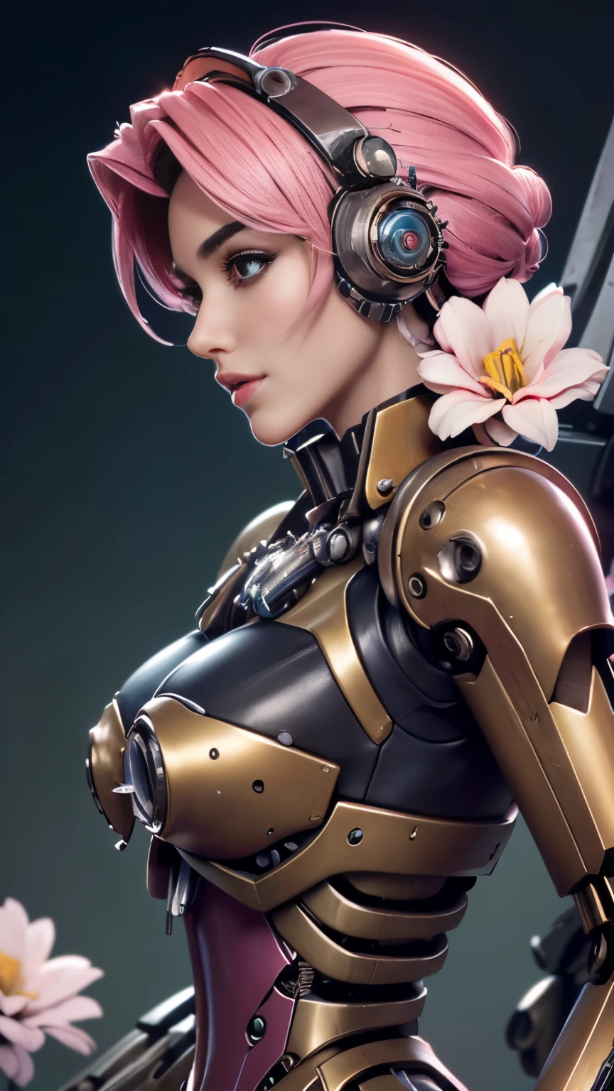 photo of celebrity, RAW, beautiful woman, ((portrait)), ((detailed face, colorful rainbow hair:1.2)), ((detailed facial feature, detailed skin, clear skin, parted lips), (perfect proportioned body, medium breasts, side boob), (Mechanical girl's's body is covered by mecha,Exquisite metal connector,Complex clockwork mechanis: 1.5)), (high detailed peaceful gardens,The garden is filled with pink and white flowers: 1.3), (side profile, looking at camera: 1.25), (, realistic photo, best quality, detailed), (8k wallpaper), (cinematic lighting, dramatic lighting) (sharp focus, intricate)