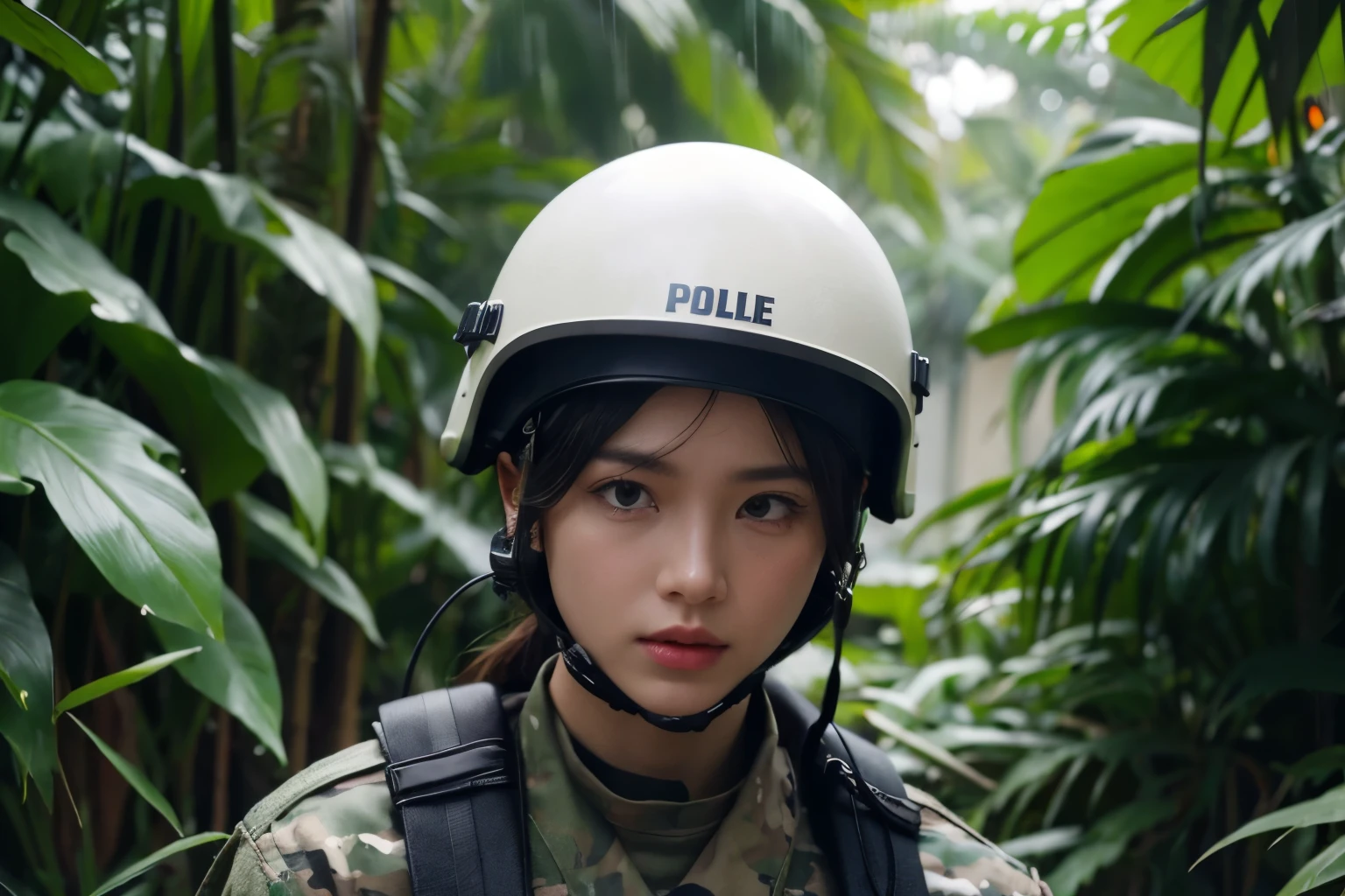 military police　jungle　in a white helmetＭＰcharacterilitary　war　rain
