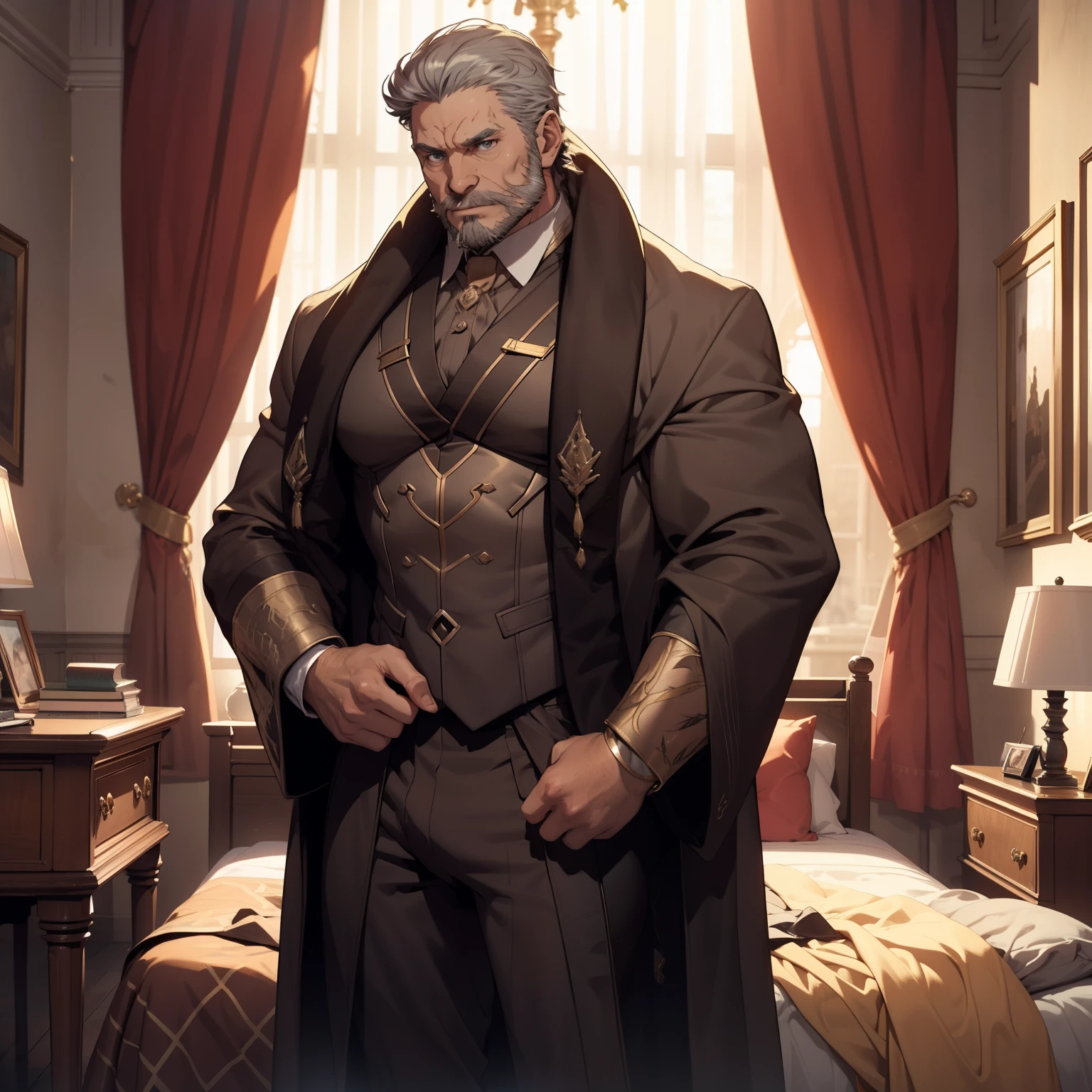 Um rei velho musculoso, lascivo, imponente, 60 anos, showing his massive pec, Vista lateral, corpo inteiro, olhos de cor azuis, black short hair , thick long black beard, peitorais largos, peitorais enornes, hair chest, he's in his room, Thick Thighs, he is very angry, his wearing sexy royal red robe, huge protrusion in the crotch, no pants, pantless big bulge, Obra-prima maravilhosa altamente detalhada, beautiful cinematic light deep focus, elegante, Pintura digital, sementes, sharp focus, golden ratio, dramatic lighting, 8k