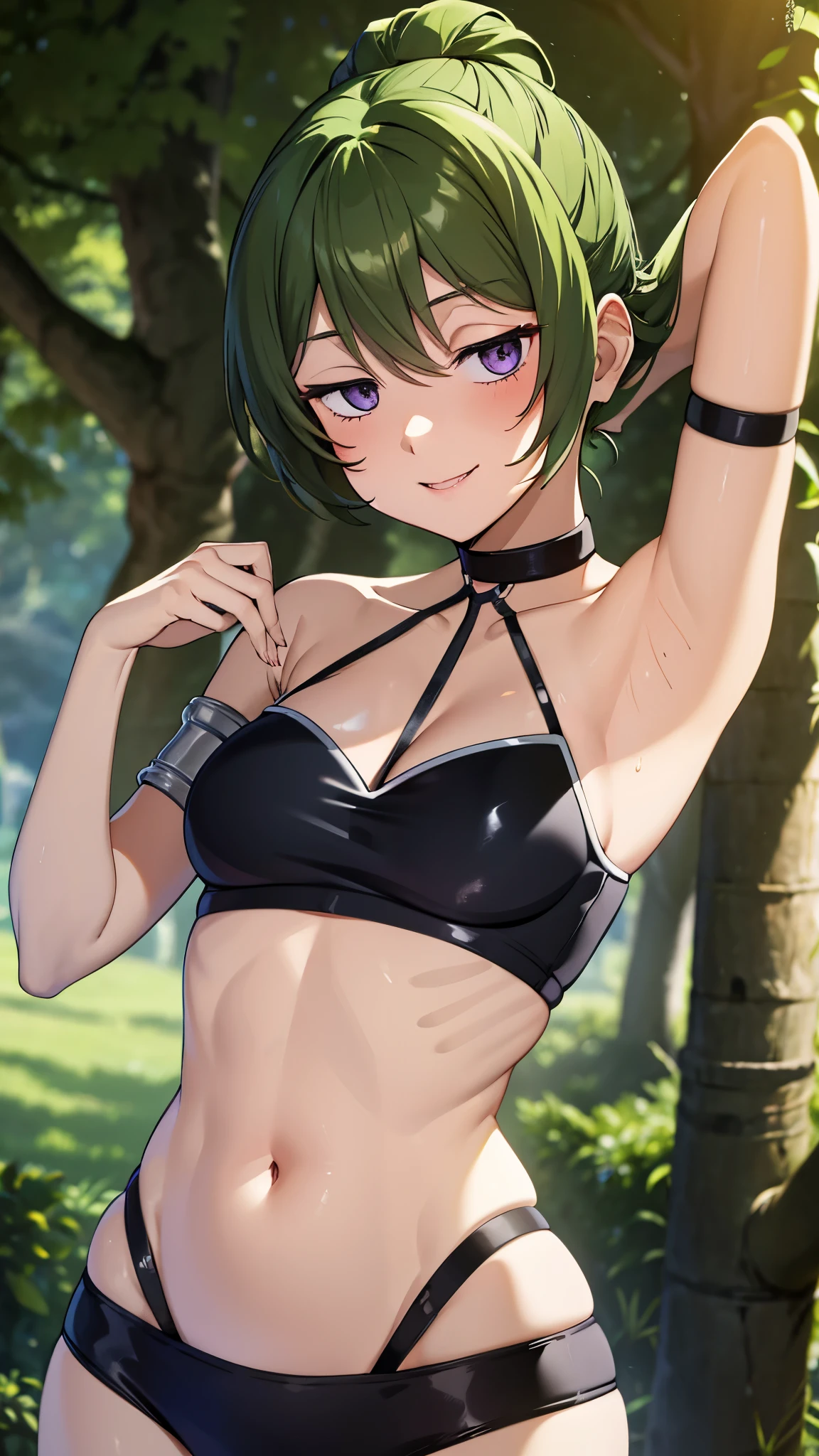 masterpiece, highres, solo, 8k, detailed, perfect face, (ultra high quality), looking viewers, collar bones, armpit, small breast, cleavage, green hair, violet eyes, belly, stomach, navel, mini short, slim body, smile, blush, thigh, background in forest 