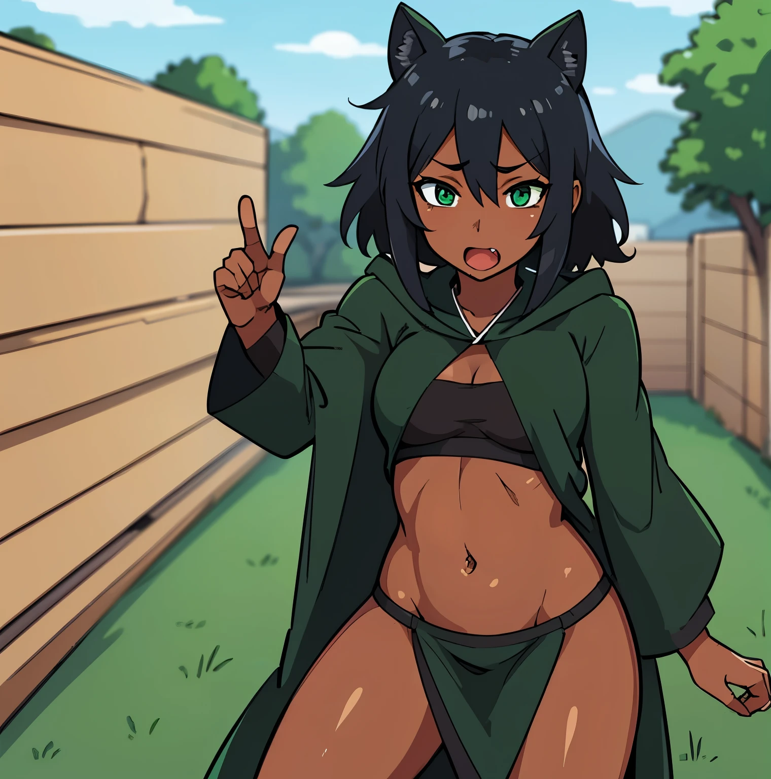 Anime illustration of a girl with brown skin and green eyes, she is covered in a black robe, she has a patch over her left eye and a mouth cover. 