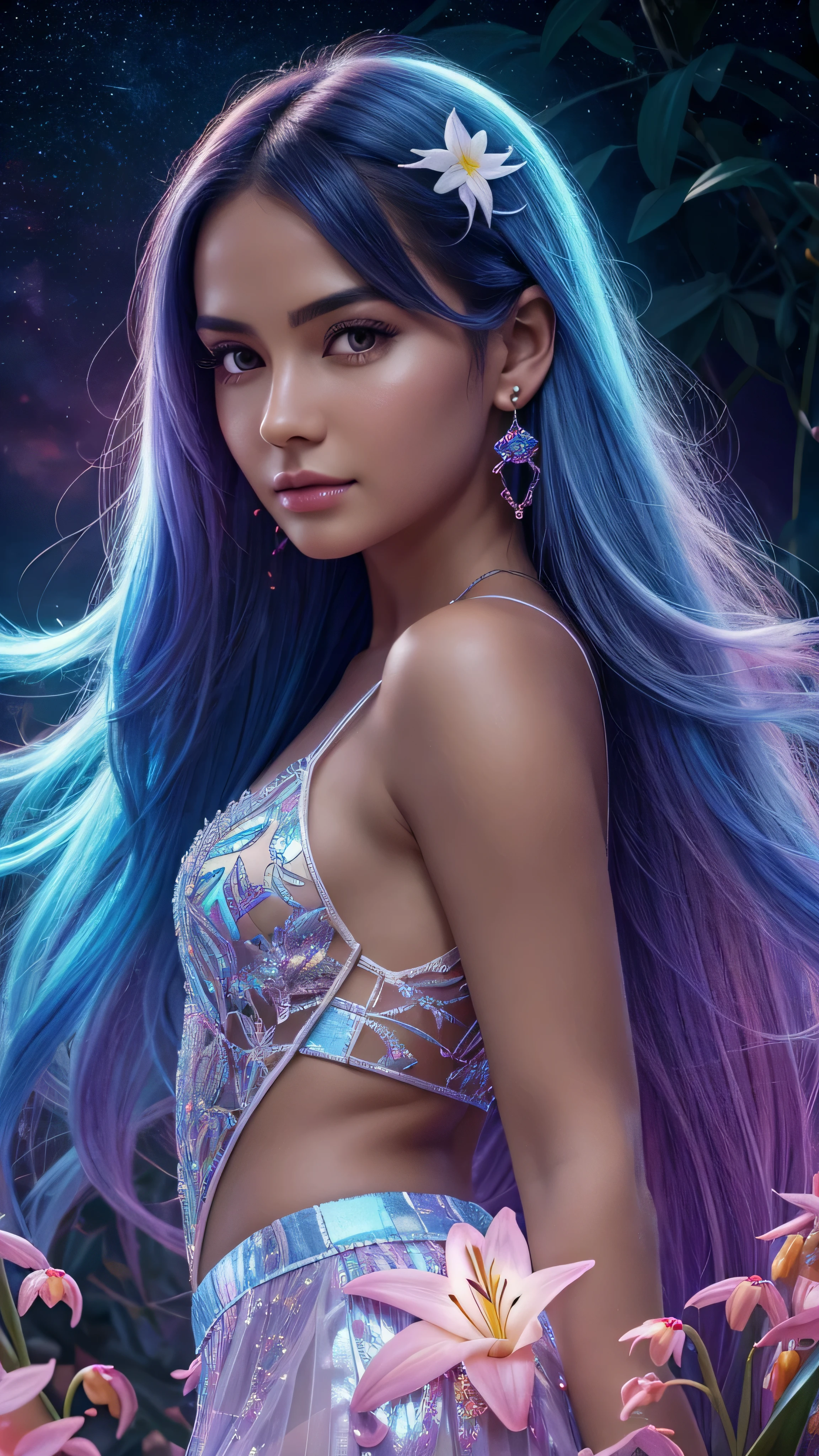 Beautiful realistic girl with BRIGHT WHITE-BLUE long hair ,Close-up of clean skin with detailed skin ,full length,in a short miniskirt,on an orange background ,Against the background of the starry sky,bright makeup,EARRINGS WITH GLITTERS,two-leaf gray flower,translucent speckled bifoliate gray,Bioluminescent - Ultra High Quality 8K Music Equalizer, High contrast, rich colors, soft light, Super detailed photos. ultra high quality 8K, High contrast, noise reduction, яркие rich colors.. high quality, 8K Ultra HD, High contrasthigh quality,мягкие close focus,very beautiful flower, translucent red lily of the valley with dew drop flower, bioluminescent flower glows and shimmers, he grows in a mysterious forest, shrouded in mystery, Сверхhigh quality 8k, High contrast, rich colors, soft light, Ultra-detailed photos. Сверхhigh quality 8k, High contrast, noise reduction, bright rich colors.. high quality, 8K Ultra HD, High contrast
