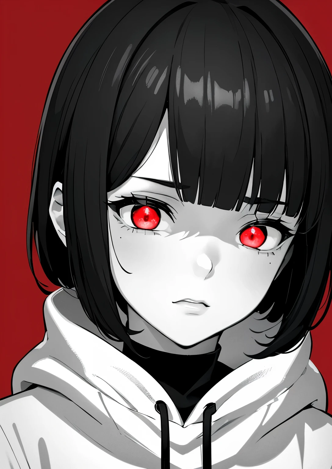 best quality, masterpiece,4k 8k wallpaper, 1girl, shorthair, hairpin, hoodie, (((closeup photo))),  (((Monochrome:1))), red background, ((looking shy)), looking at viewer, glowing eyes, glow eyes, halfbody