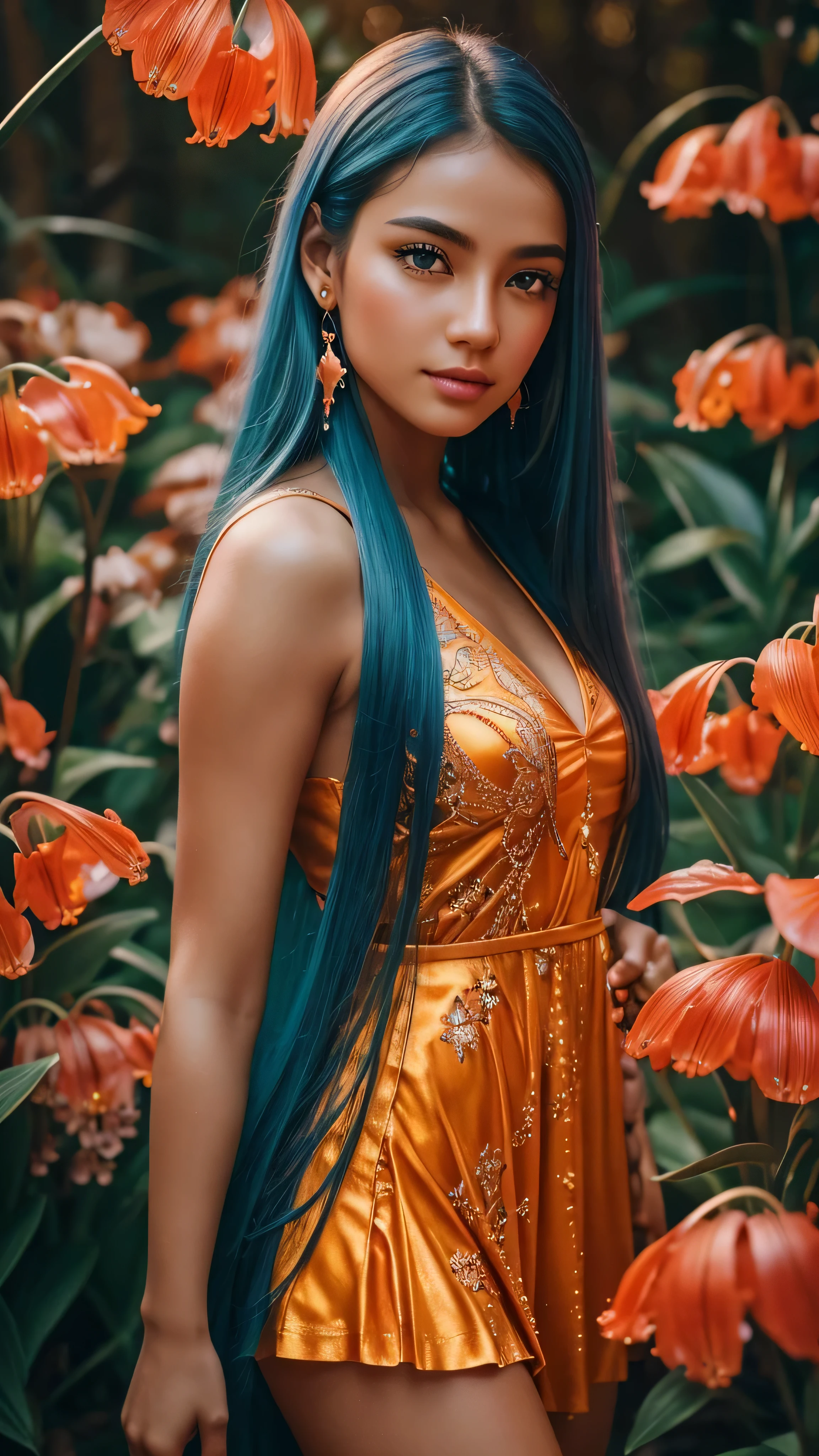 Beautiful realistic girl with BRIGHT WHITE-BLUE long hair ,Close-up of clean skin with detailed skin ,full length,in a short miniskirt,on an orange background ,Against the background of the starry sky,bright makeup,EARRINGS WITH GLITTERS,two-leaf gray flower,translucent speckled bifoliate gray,Bioluminescent - Ultra High Quality 8K Music Equalizer, High contrast, rich colors, soft light, Super detailed photos. ultra high quality 8K, High contrast, noise reduction, яркие rich colors.. high quality, 8K Ultra HD, High contrasthigh quality,мягкие close focus,very beautiful flower, translucent red lily of the valley with dew drop flower, bioluminescent flower glows and shimmers, he grows in a mysterious forest, shrouded in mystery, Сверхhigh quality 8k, High contrast, rich colors, soft light, Ultra-detailed photos. Сверхhigh quality 8k, High contrast, noise reduction, bright rich colors.. high quality, 8K Ultra HD, High contrast