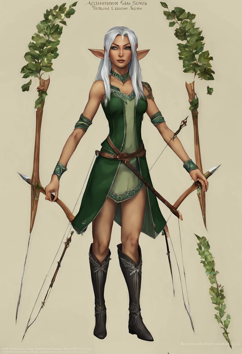 character reference sheet {Ethereal Elven Archer Character Design Sheet: (ethereal beauty:1.2) (elven archer:1.3), arrayed in (elegantly embroidered forest green tunic:1.1) and (thigh-high leather boots:1.2), with (flowing silver hair:1.3) and (piercing emerald eyes:1.2). The design sheet features multiple poses including (action stance with a drawn bow:1.3), (peaceful repose in nature:1.1), and (stoic profile view:1.2). Accessories detailed with (intricately carved quiver:1.2) and (arrow fletchings:1.1), complemented by (delicate leaf motifs:1.2) on armor. The character's (pointed ears:1.3) and (fine facial features:1.1) are highlighted, alongside (tattoo designs:1.1) that signify their lineage.} . turnaround views, detailed anatomy, color palette, multiple poses, highly detailed, multiple views of the same character, model sheet, character sheet