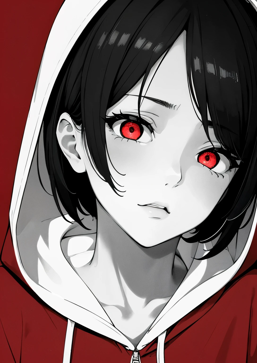 best quality, masterpiece,4k 8k wallpaper, 1girl, shorthair, hairpin, hoodie, (((closeup photo))), (((Monochrome:1))), red background, ((looking shy)), looking at viewer, glowing eyes, glow eyes, halfbody