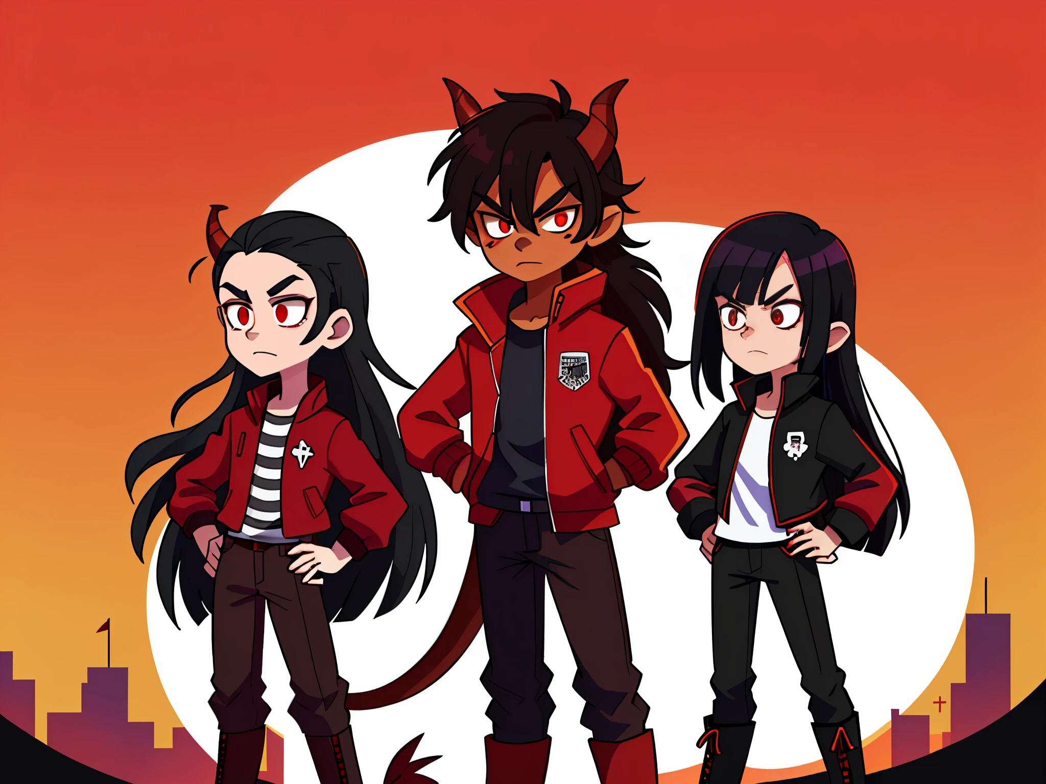 Black hair with long streaks, Red shirt, black unbuttoned jacket with zipper, demon wings, red skin, black horns with white stripes, a streak of hair dyed purple,brown trousers, demon tail, Long black boots, Red eyes, red skin, cold look and while hands on hips and standing alone in the park. red skin