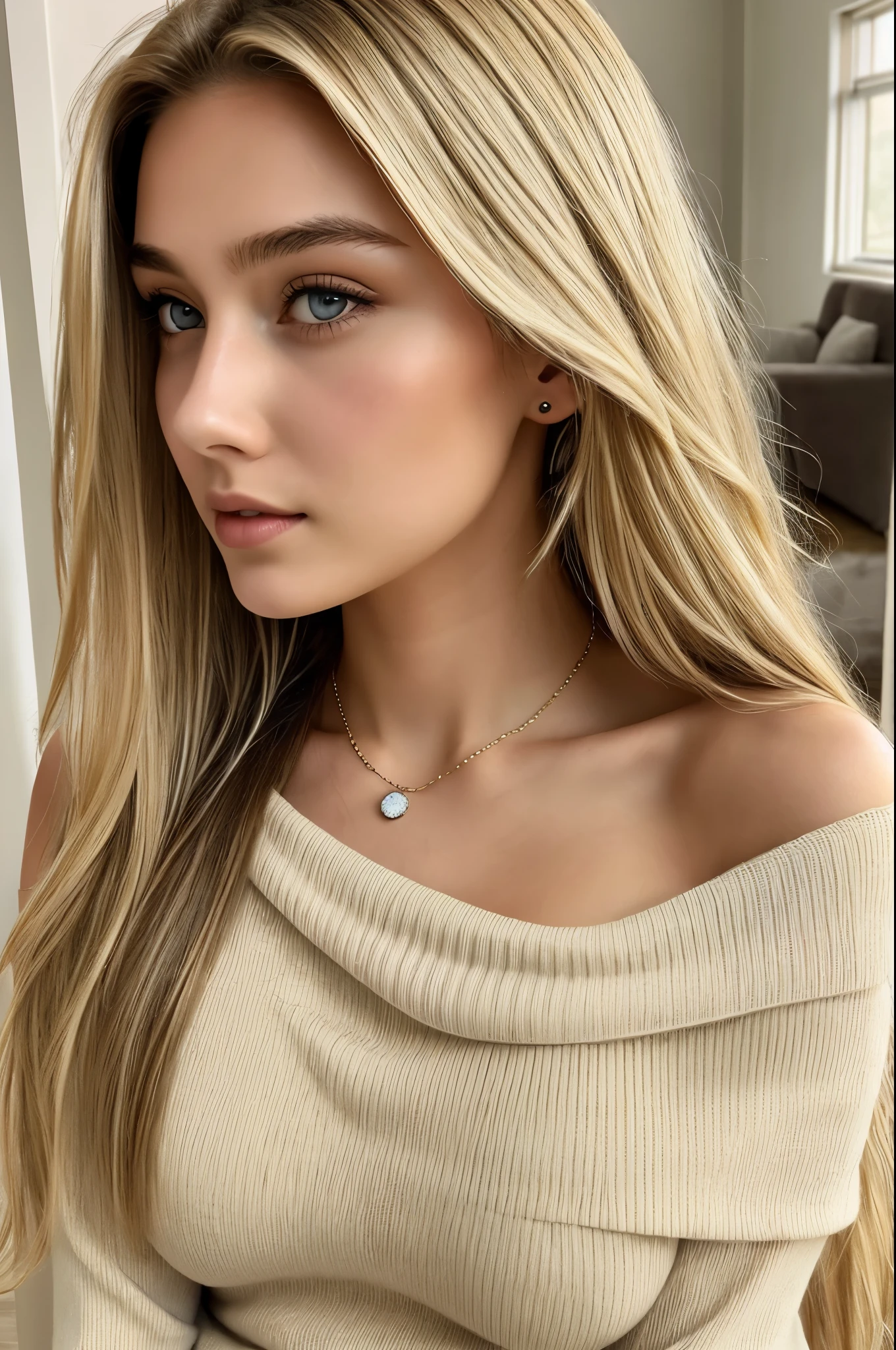 1 girl, 19 years old, alone, long hair, big breasts, looking at the viewer, blonde, bare shoulders, brown eyes, gem, whole body, necklace, off shoulder, sweater, realistic, Sexy