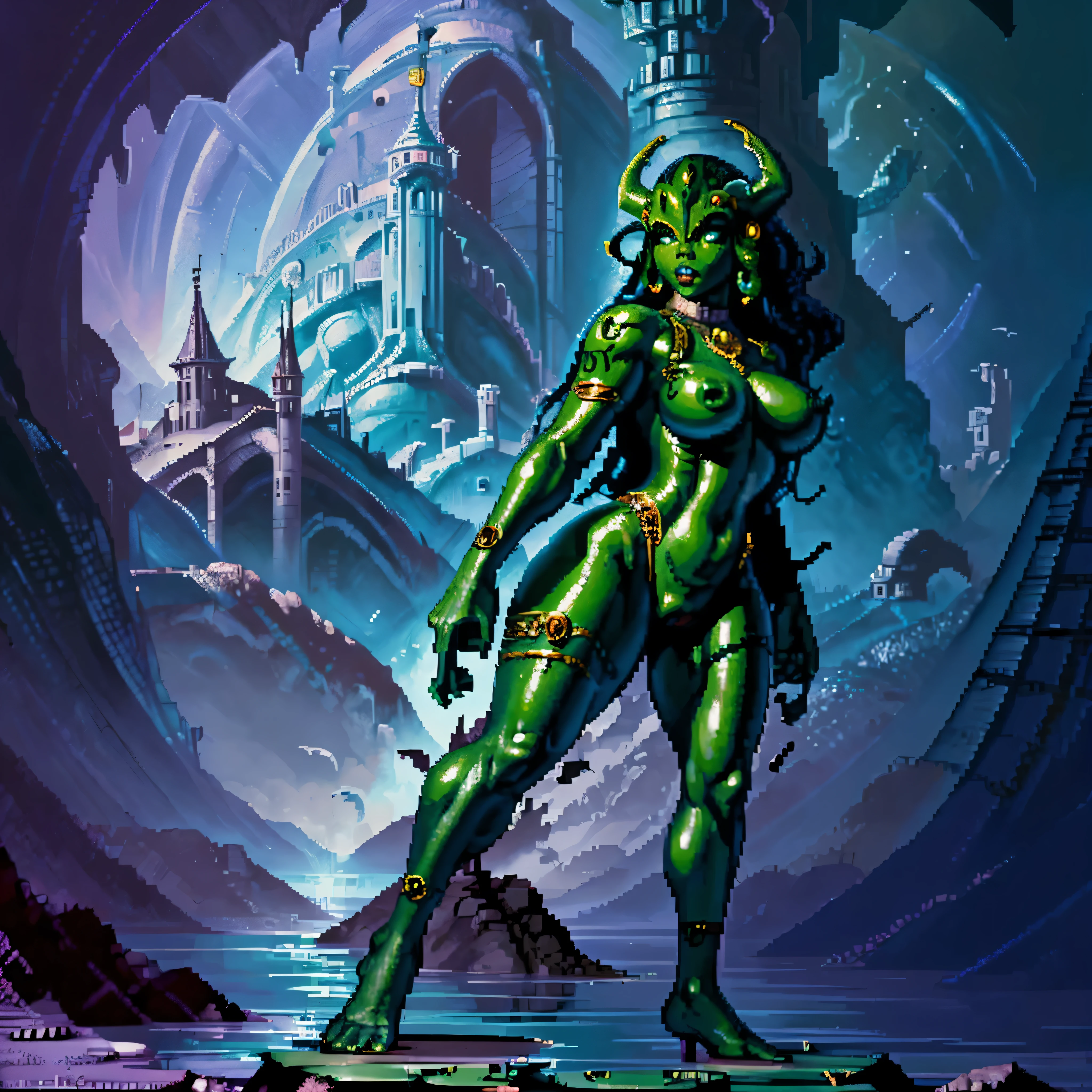 One girl, beautiful bbw girl, chubby girl, Water Monster Girl, Black Lagoon Monster Head, Creature from the Head of the Black Lagoon, green skin, whole body, naked girl, gills on the neck, Fish Skin, Swamp background, Russian forest background, girl standing in the swamp, purple fog, VHS interference, 70s style photo, sci-fi art style, Psychedelic colors, dark fantasy, Luis Royo style