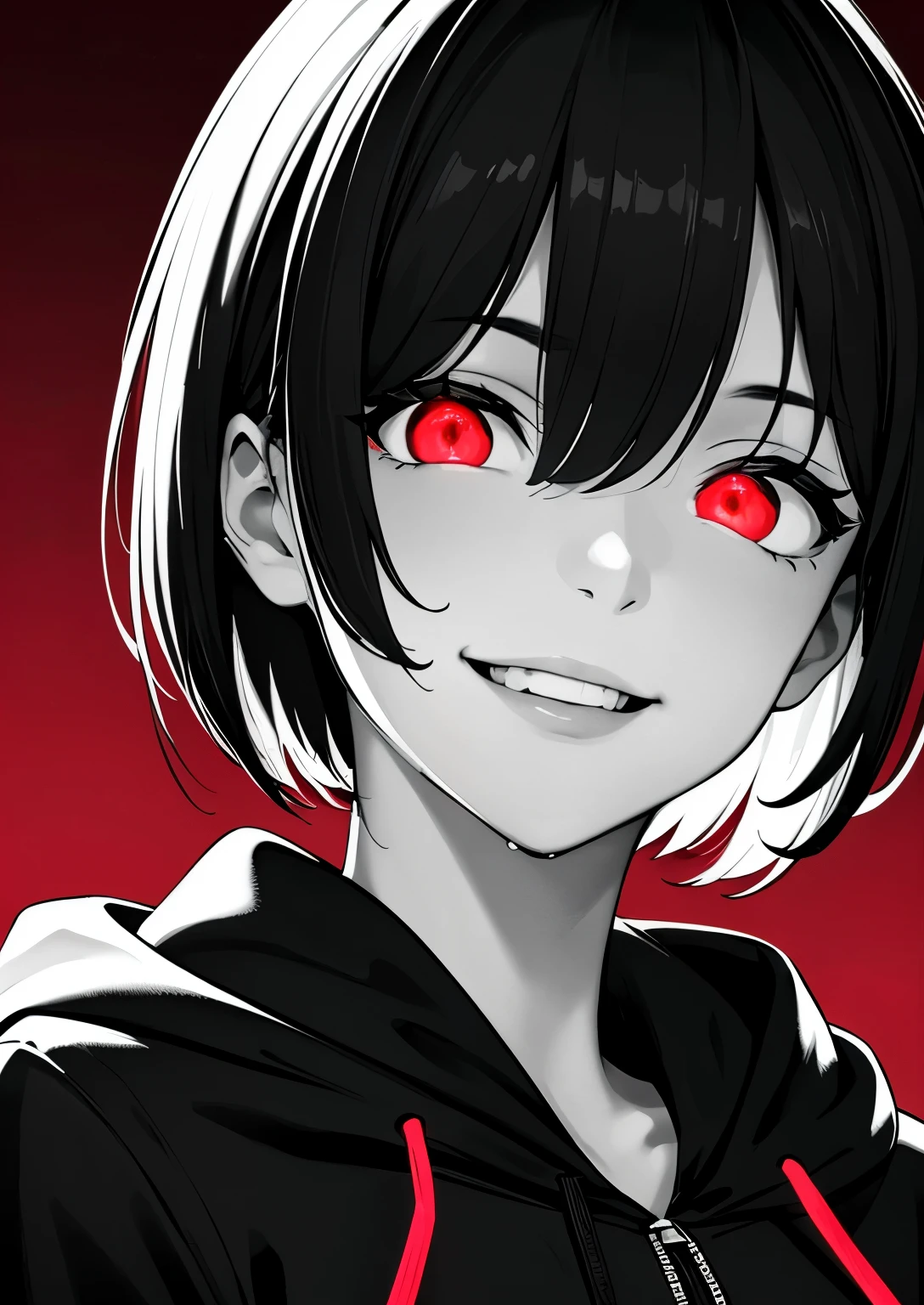 best quality, masterpiece,4k 8k wallpaper, 1girl, shorthair, hairpin, hoodie, (((closeup photo))),  (((Monochrome:1))), red background, ((looking smile)), looking at viewer, glowing eyes, glow eyes, halfbody