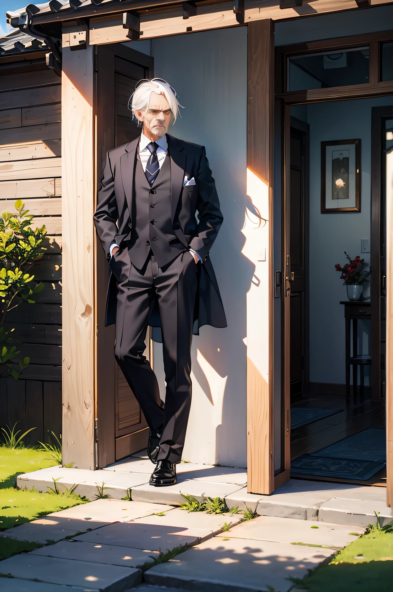 elder，gray hair，facial expression is angry and angry，in the garden,whole body,