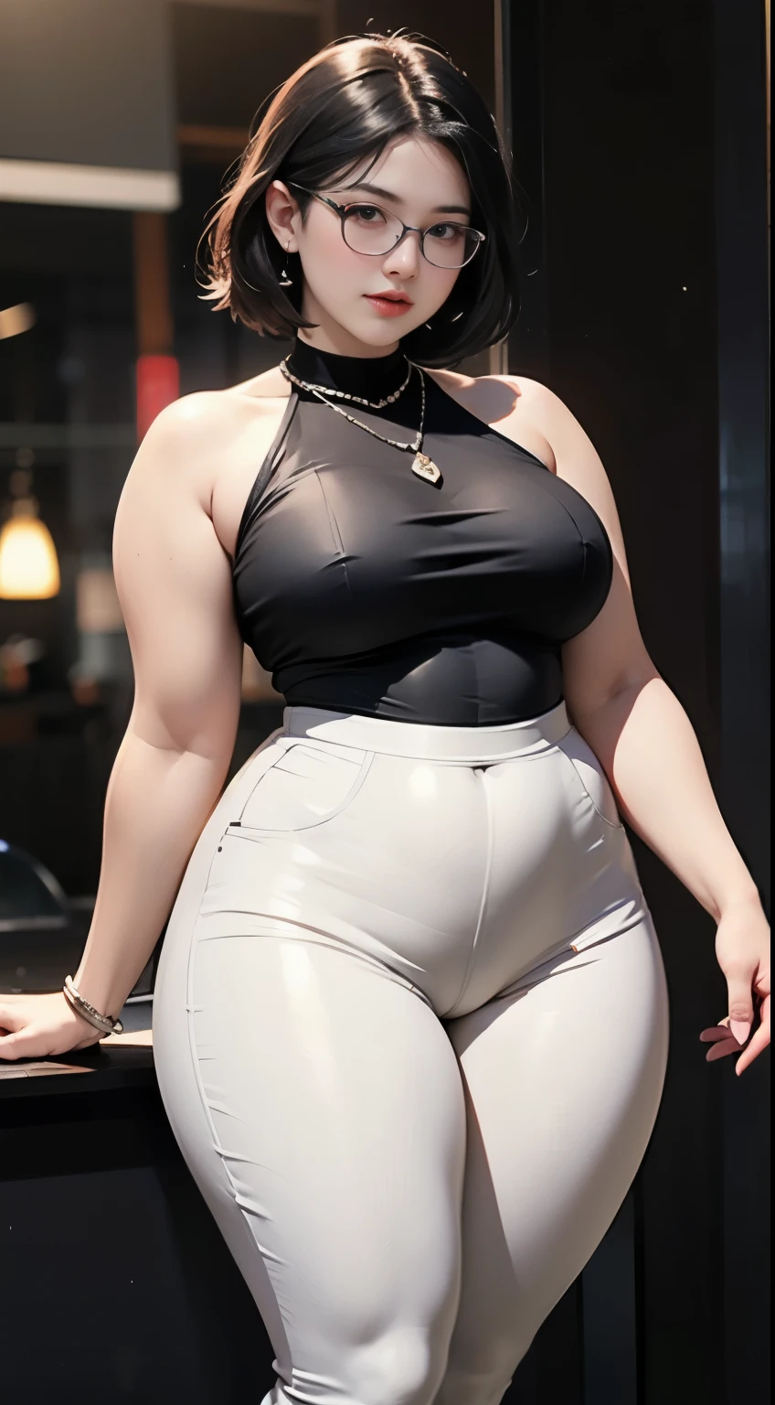 ((best quality)), ((masterpiece)), (detailed), perfect face, chubby woman, chubby face , chubby girl , widest hips , fat belly , thick neck ,, thicc , thick body , thick thighs , thick arm, small breasts but her body is a chubby, full body view, dark-black room, black bokeh background, tight dress, wearing high laced boots, short hairstyle, diamond necklace, wearing a watch, tall woman, restore face, white skin , longest tight pants , glasses , cold vibes, , 4k resolution, japanese goddess,voluptuous, looking at viewer, dominant