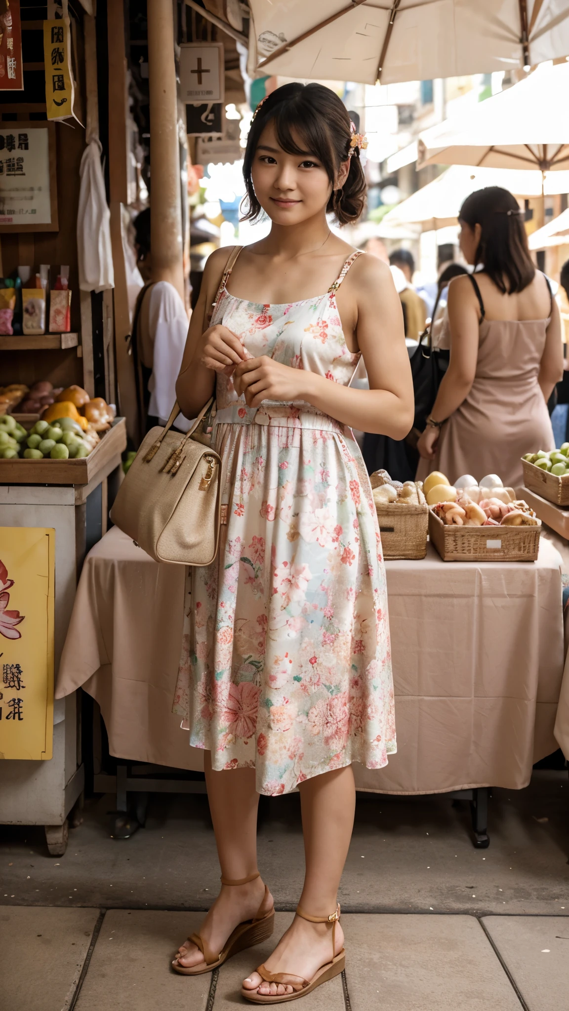 A Japanese boy crossdressing as a woman wearing a long floral dress, women's sandals, and holding a handbag standing in a market with feminine pose and cute expression facing to the camera