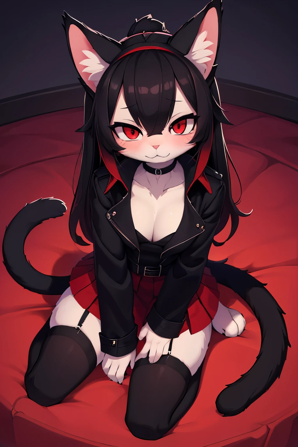 (high-res masterpiece)) , ((best quality)), illustration, furry, cat, animal ears, tail, bodyfur, black fur, 1girl, POV, full body, 1girl solo *//*, red eyes, blushing *//*, black trench coat, looking at viewer, lifting skirt, red skirt, no panties