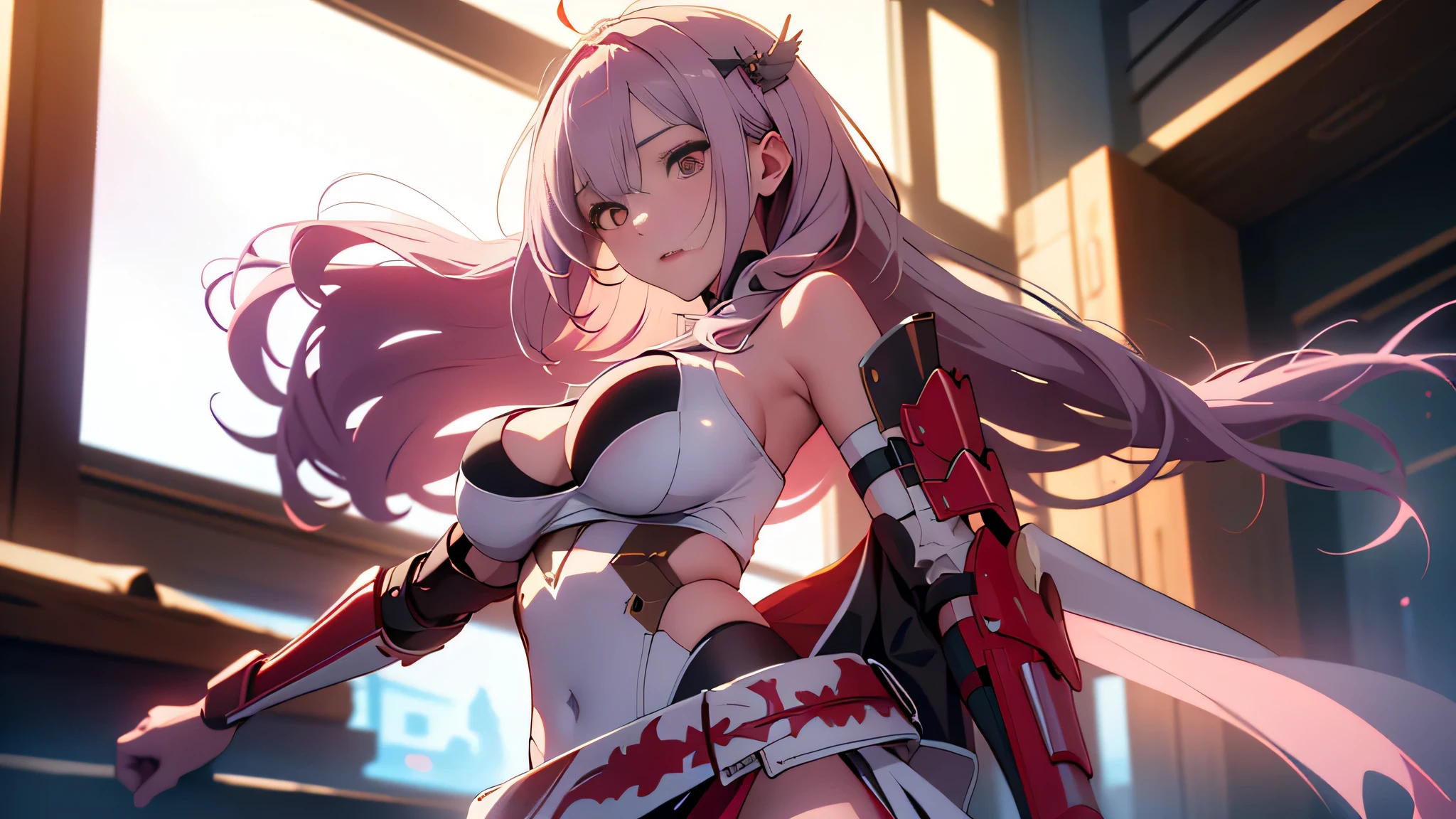 2 Samurai Girl , Twins ,Waist Long Light Violet Hair, Red Eyes, white leotard, white pants, bare shoulders, overskirt, hip vent, hat, kasa , scarletg, bodysuit, headpiece, half-skirt, belt, asymmetrical legwear, sheath, Battlefield, Mech, Robot, Debris, ((Best quality)), ((masterpiece)), 3D, HDR (High Dynamic Range),Ray Tracing, NVIDIA RTX, Super-Resolution, Unreal 5,Subsurface scattering, PBR Texturing, Post-processing, Anisotropic Filtering, Depth-of-field, Maximum clarity and sharpness, Multi-layered textures, Albedo and Specular maps, Surface shading, Accurate simulation of light-material interaction, Perfect proportions, Octane Render, Two-tone lighting, Wide aperture, Low ISO, White balance, Rule of thirds,8K RAW, Aura, masterpiece, best quality, Mysterious expression, magical effects like sparkles or energy, flowing robes or enchanting attire, mechanic creatures or mystical background, rim lighting, side lighting, cinematic light, ultra high res, 8k uhd, film grain, best shadow, delicate, RAW, light particles, detailed skin texture, detailed cloth texture, beautiful face, (masterpiece), best quality, expressive eyes, perfect face,nikkeredhood,hair over one eye,marian,Scarlet (nikke),hellsparadise style,fuyumi