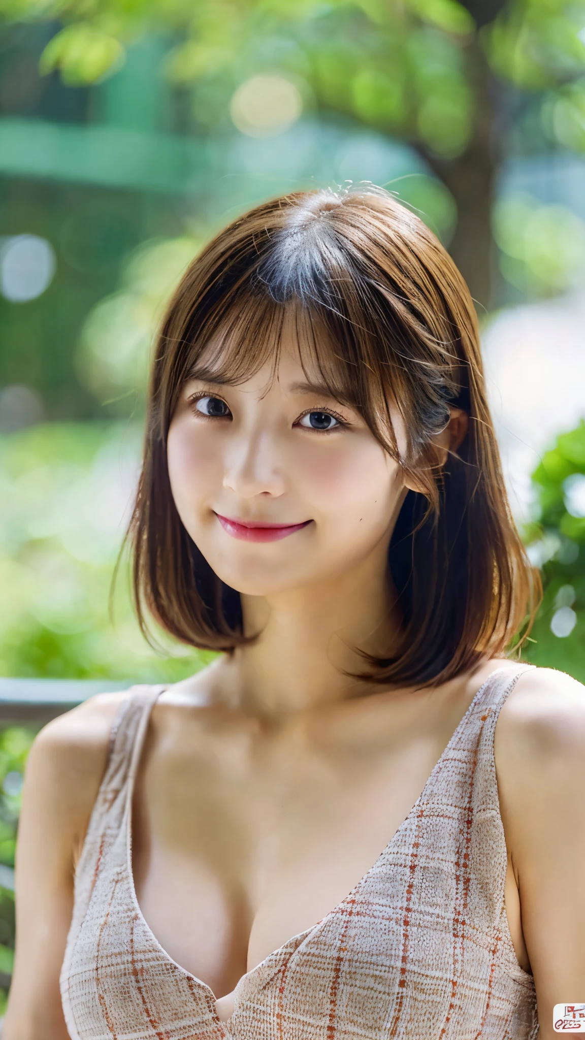 (masterpiece:1.3), (8K, Photoreal, Raw photo, best image quality: 1.4), Japanese high school girl、(random hairstyle:1.2)、cleavage:1.4、super detail face、eye for details、double eyelid、sharp focus:1.2、Beautiful woman:1.4、light brown hair、highest quality、masterpiece、超A high resolution、(Photoreal:1.4)、Half Smile、thin、short haired、Camisole、nsfw, (breast squeeze:1.3)