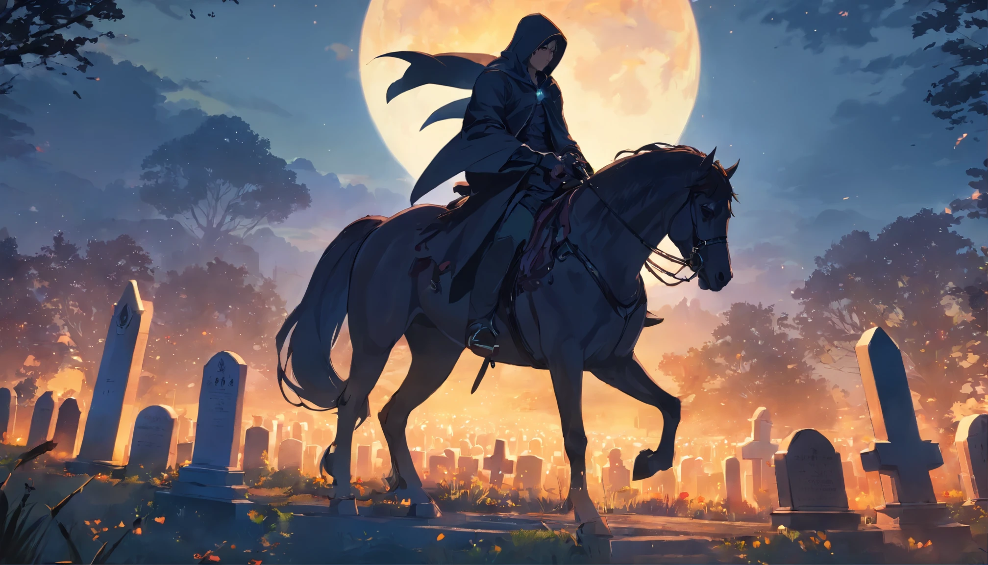 a man riding on the back of a horse in a cemetery, Artstation contest winner, gothic art, portrait of grim reaper, shining armour made of steel, dark. no text, detailed image, graveside, grim gwent card, covet death, award winning concept artist, editorial image, man in horse costume