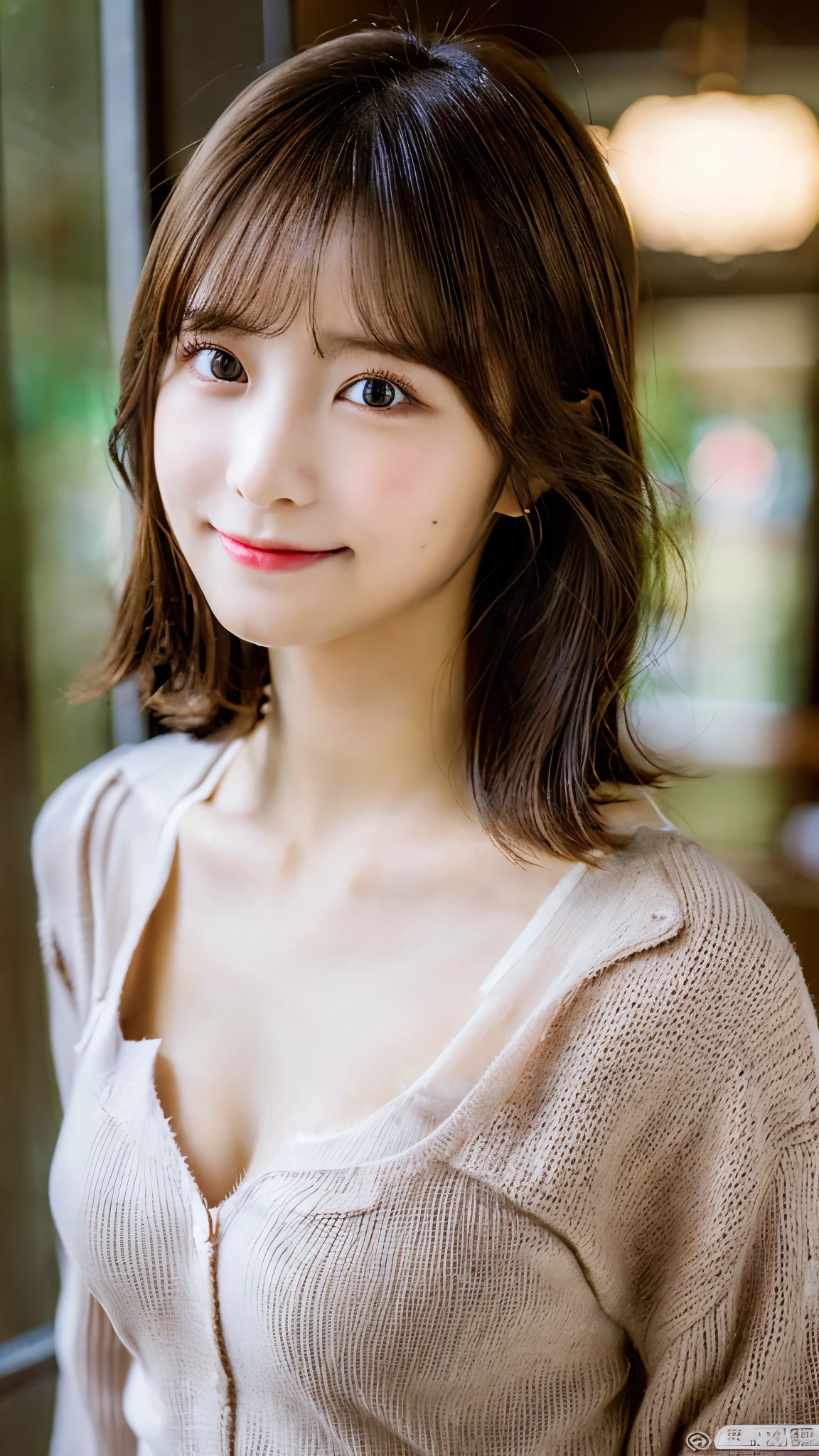 (masterpiece:1.3), (8K, Photoreal, Raw photo, best image quality: 1.4), Japanese high school girl、(random hairstyle:1.2)、cleavage:1.4、super detail face、eye for details、double eyelid、sharp focus:1.2、Beautiful woman:1.4、light brown hair、highest quality、masterpiece、超A high resolution、(Photoreal:1.4)、Half Smile、thin、short haired、Bell-sleeve-sweater、nsfw, (breast squeeze:1.3)