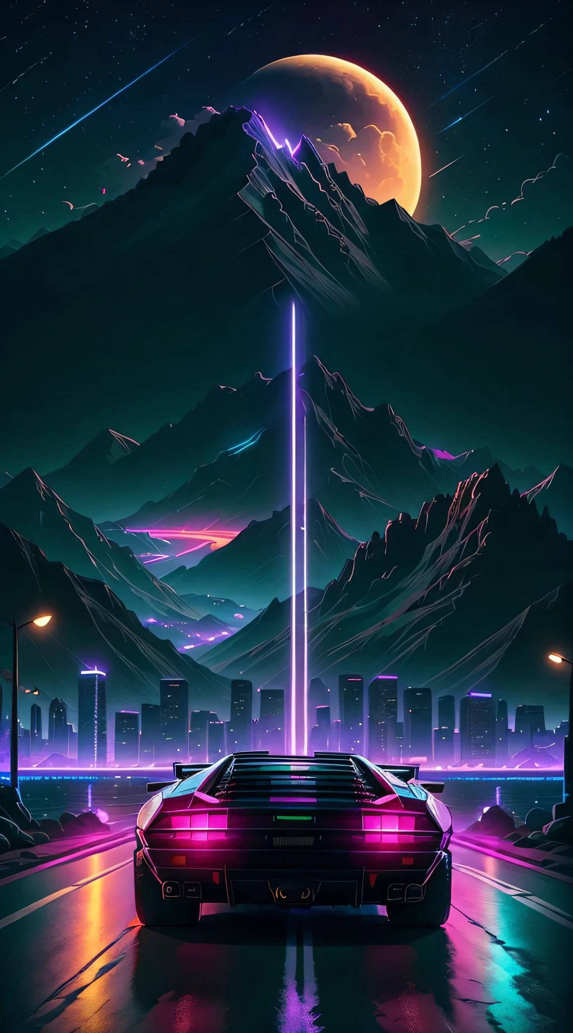 retrowave. city, Lamborghini, wide body kit, road, purple neon lights, sun, mountain, (masterpiece,detailed,highres)
