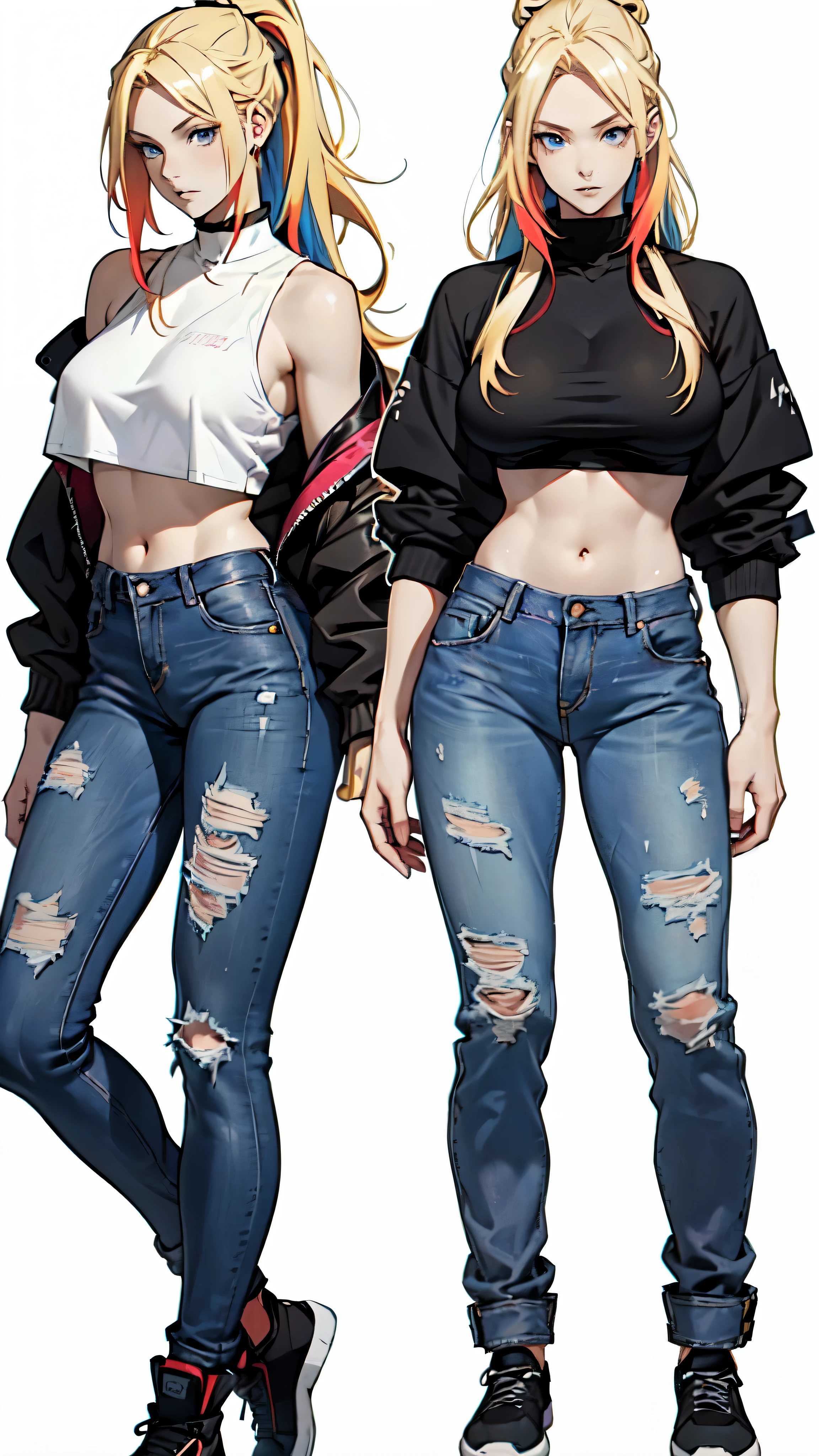 ((one girl)), full body shot of an anime girl with long thin light blonde hair tied in a ponytail, anime character concept, character sheet, (((full body))), lips half open, (((pale skin))), ((multicolored hair blonde and blue highlights)), blue eyes, (((wearing modern urban clothes fashion))), ((black top, jeans)), ((bare belly)), (((big breasts))), blonde anime girl with long hair, (((empty white background)))