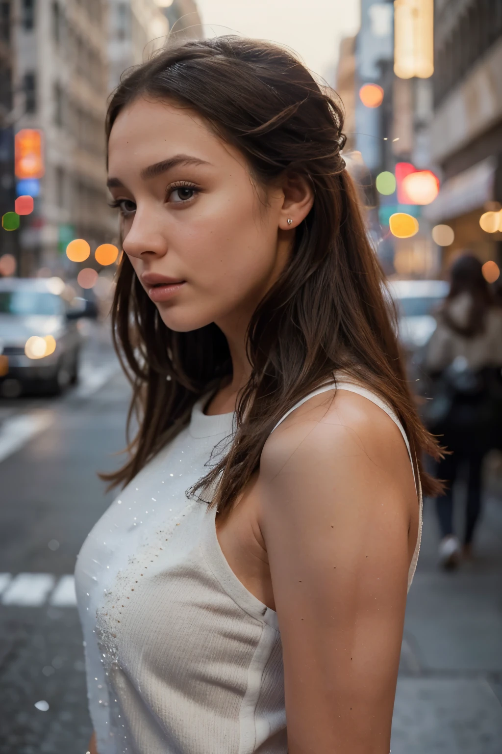 hyper-realistic photo of a beautiful sexy brunette female, detailed face, she has a thin face, stylish clothing, standing on the side walk in new york city with a light snow falling and blanketing the city ((looking into camera)), portrait sophie mudd, thick neck, 19 year old female model, latina, angelawhite, violet myers, 22 years old, 21 years old, profile image, italian, italian latina, Alycia Debnam-Carey, hazel eyes, realistic, post-processing, maximum detail,