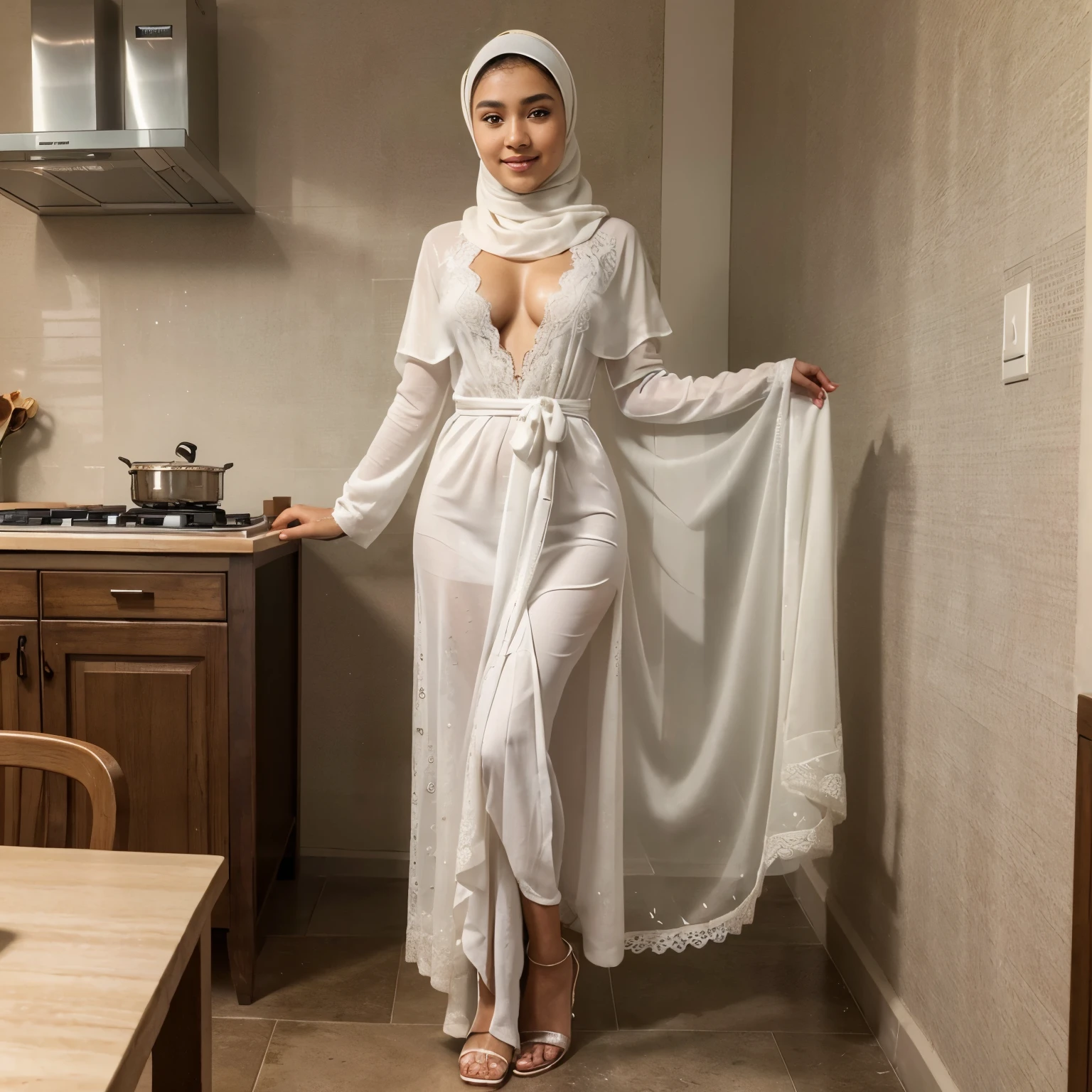 (Best quality, high resolution, masterpiece: 1.3), beautiful Javanese Lady in hijab, slim figure, detailed facial and skin texture, detailed huge tits,  detailed eyes, double eyelids, green eyes, long legs, HDR, 8k resolution, nice fingers, brown skin, ((( high detailed skin, visible pores))), 1 female, tall, standing be side a table, 18 years old, huge bust wearing hijab and white lace long dress Muslim robes and transparent on the chest, detailed tall body posture, detailed all Full Body closed up picture, Beautiful smile, perfect detailed wearing slippers, standing at side table on the kitchen