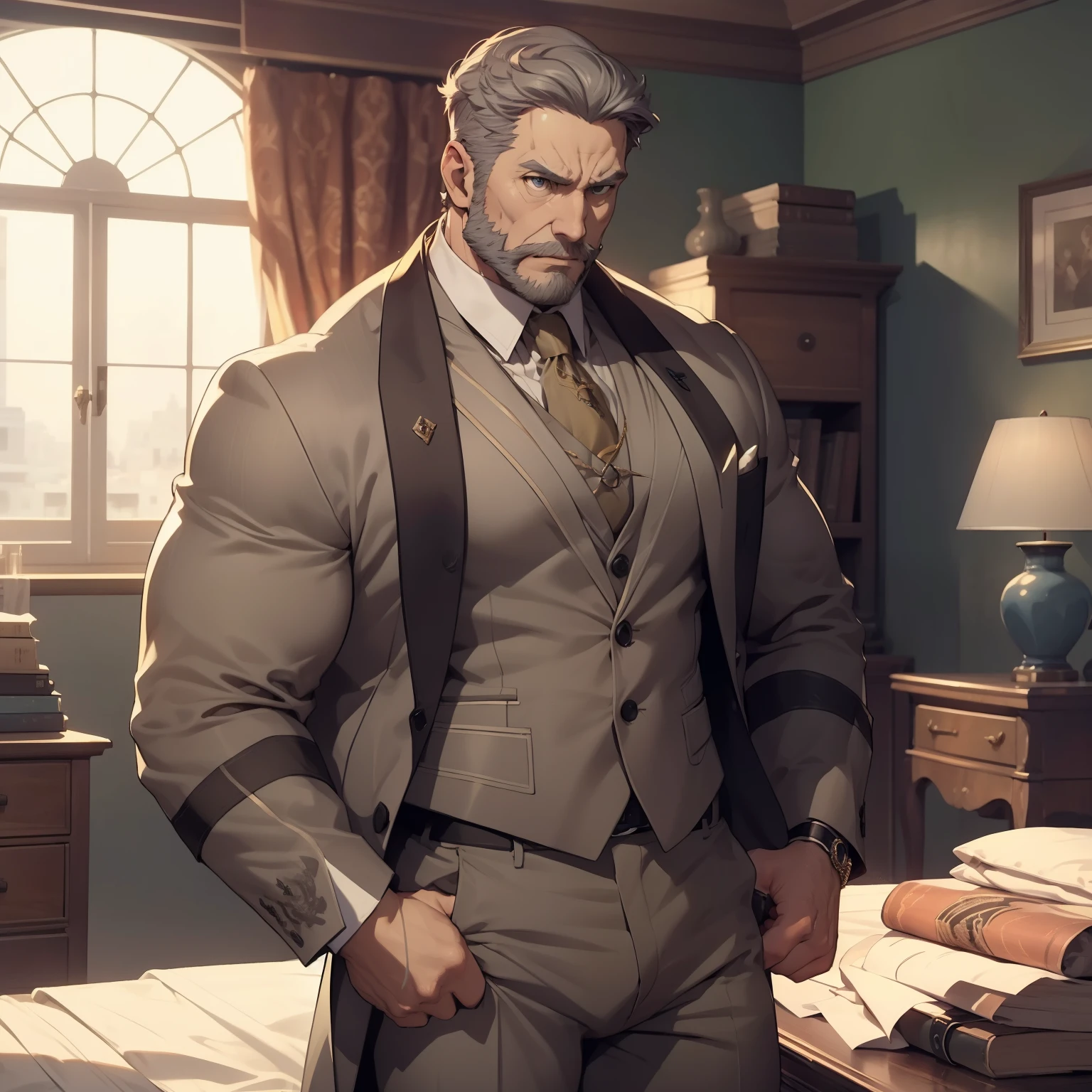 Um rei velho musculoso, lascivo, imponente, 60 anos, showing his massive pec, Vista lateral, corpo inteiro, olhos de cor azuis, grey short hair , thick long grey beard, peitorais largos, peitorais enornes, hair chest, he's in his room, Thick Thighs, he is very angry, his wearing a tight black tank top, huge protrusion in the crotch, wearing a tight formal pants, big bulge, Obra-prima maravilhosa altamente detalhada, beautiful cinematic light deep focus, elegante, Pintura digital, sementes, sharp focus, golden ratio, dramatic lighting, 8k