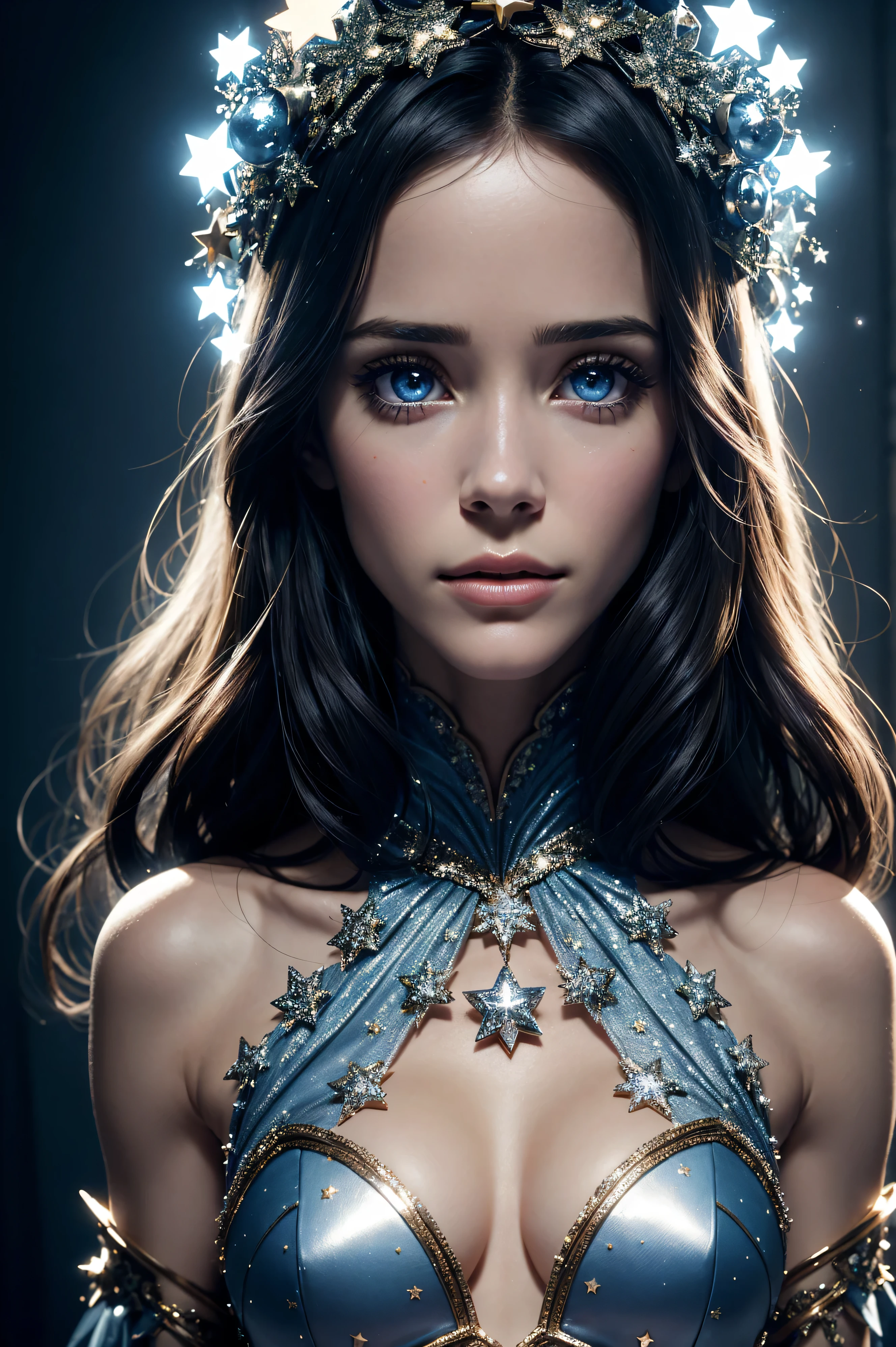 Abigail Spencer,, wearing star costume transparent. professionally retouched, soft lighting, realistic, smooth face, perfect eyes, sharp focus on eyes, 8 k, high definition, insanely detailed, intricate, elegant. stand for this circus.