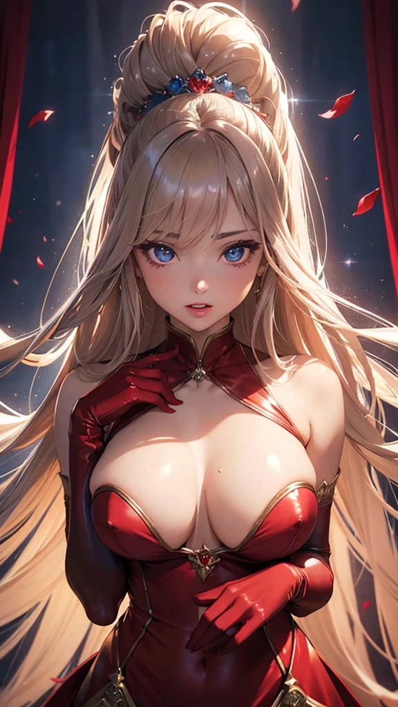 finest image, portrait, female, sexy, beautiful, cute, amorous expression, lewd expression, ecstasy, orgasm, light brown glossy flowing layered iridescent hair, blue sparkling big eyes, double eyelids, red alluring moist lips, flat chest, abs, slender, red long dress, red long gloves, background royal palace, many falling petals, professional lighting