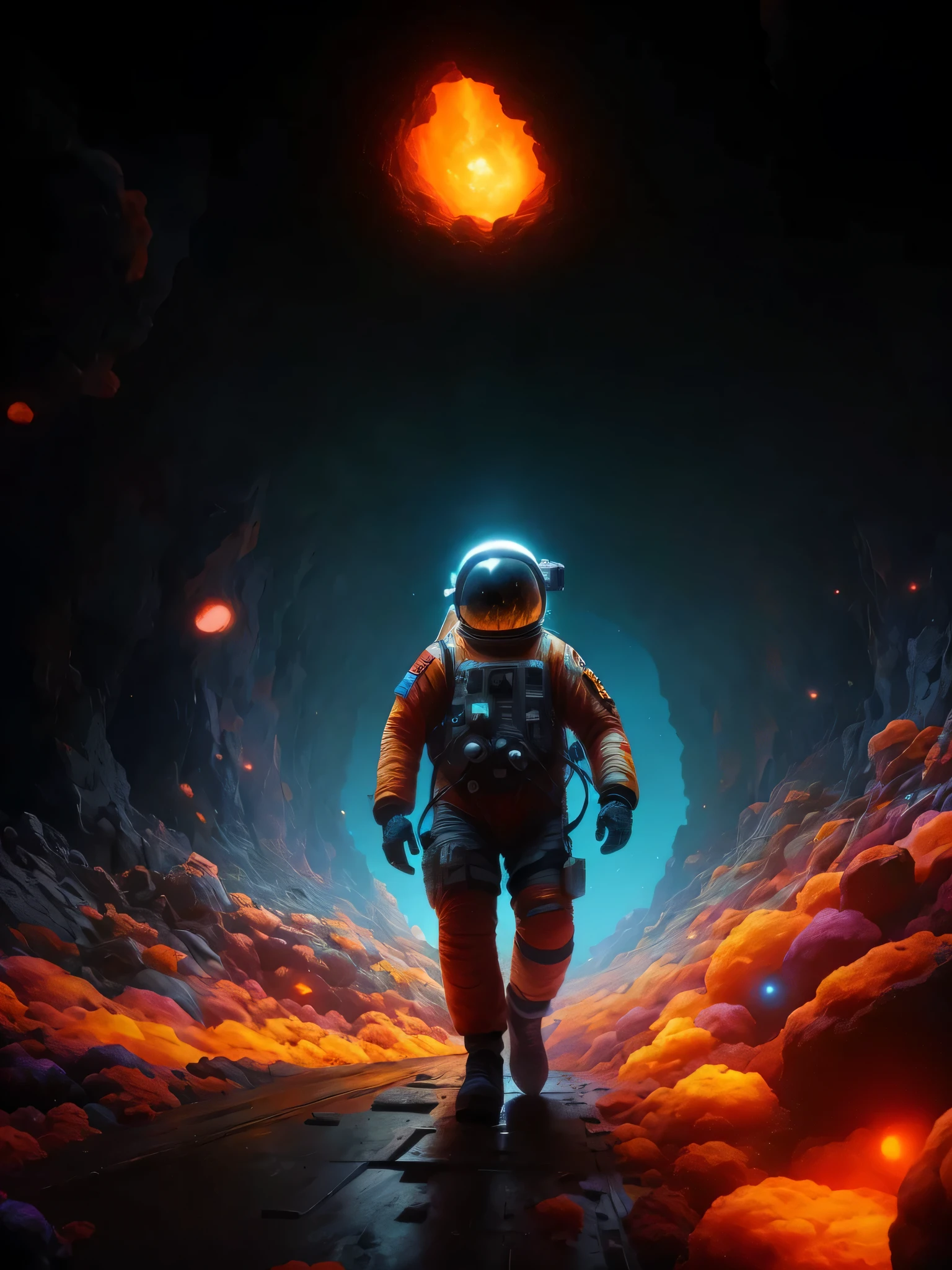 astronaut in a space suit walking through a tunnel of lava, beeple artwork, beeple colors, beeple art, beeple daily art, artem demura beeple, style hybrid mix of beeple, greg beeple, beeple!!, realism | beeple, beeple masterpiece