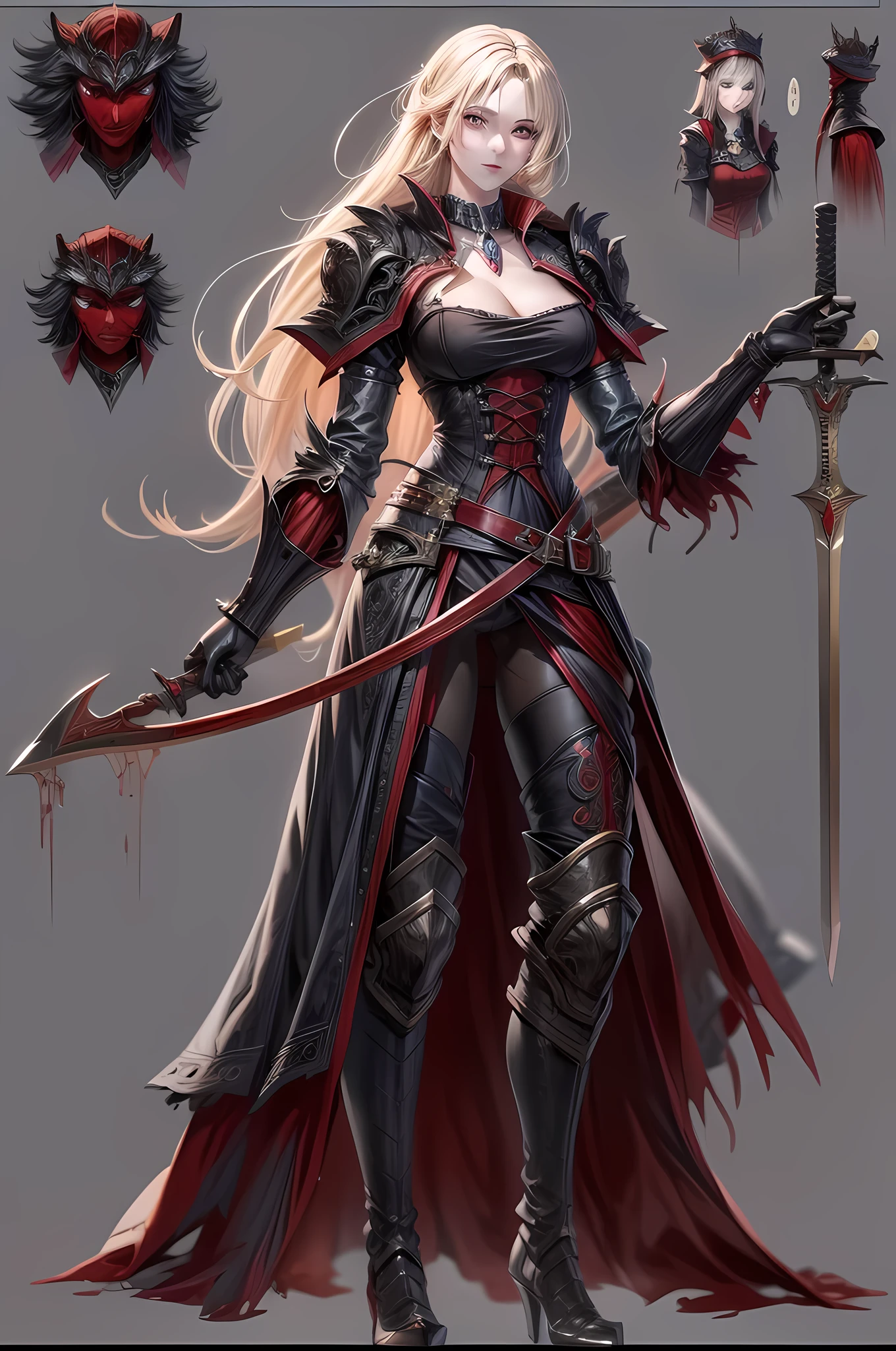 (character design sheet: 1.5) by larry elmor, extremely beautiful female vampire, blond hair, long hair, red eyes, pale skin, wearing intricate dress, holding a (sword: 1.1), high details, best quality, 16k, RAW, [best detailed], masterpiece, best quality, (extremely detailed), full body, ultra wide shot, photorealistic, dark fantasy art, goth art, RPG art, D&D art, aHigh Detail, Ultra High Quality, High Resolution, 16K Resolution, Ultra HD Pictures, Ultra Realistic, Clear Details, Realistic Detail, Ultra High Definition hihelz, wearing collar