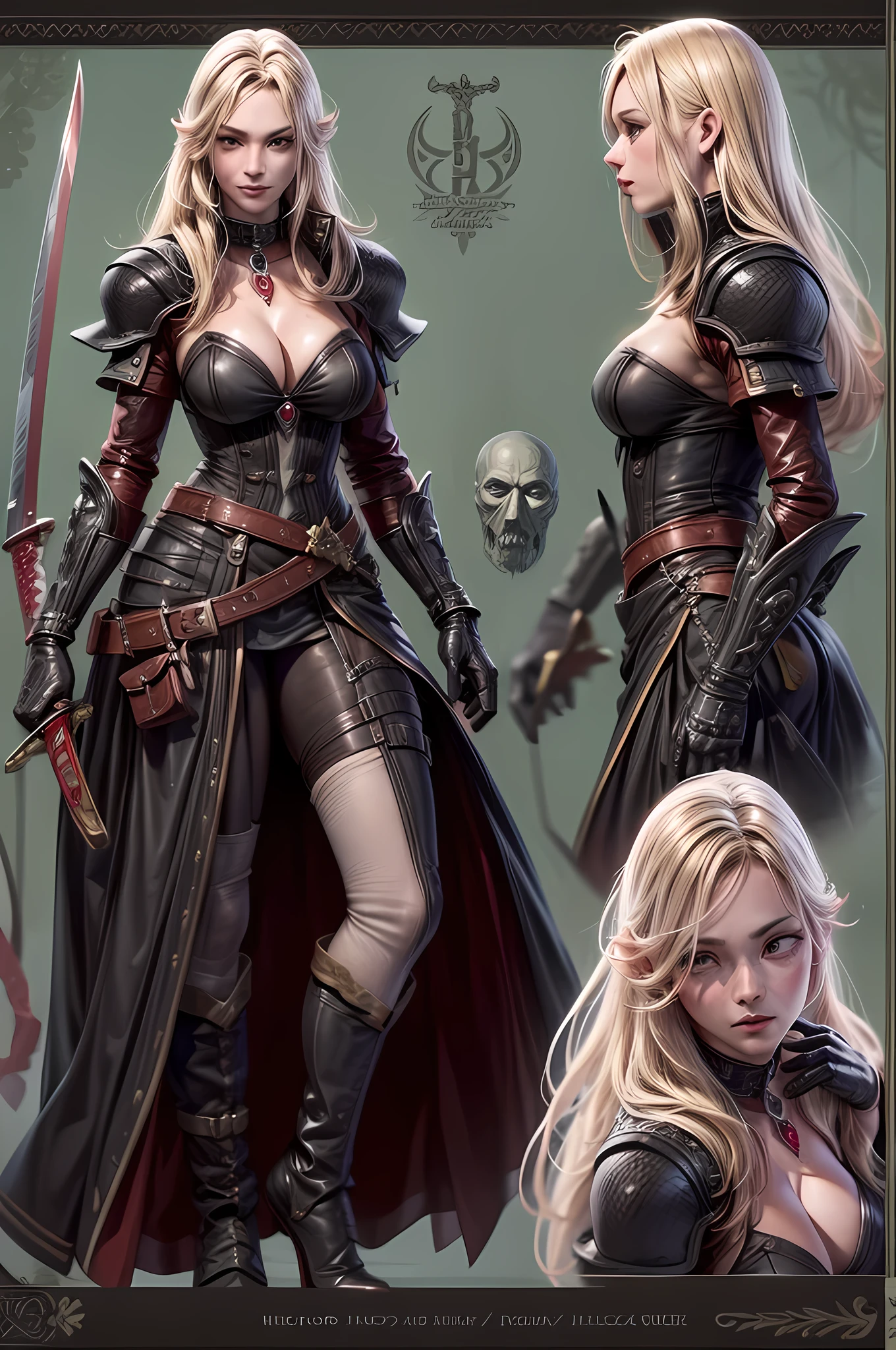 (character design sheet: 1.5) by larry elmor, extremely beautiful female vampire, blond hair, long hair, red eyes, pale skin, wearing intricate dress, holding a (sword: 1.1), high details, best quality, 16k, RAW, [best detailed], masterpiece, best quality, (extremely detailed), full body, ultra wide shot, photorealistic, dark fantasy art, goth art, RPG art, D&D art, aHigh Detail, Ultra High Quality, High Resolution, 16K Resolution, Ultra HD Pictures, Ultra Realistic, Clear Details, Realistic Detail, Ultra High Definition hihelz, wearing collar